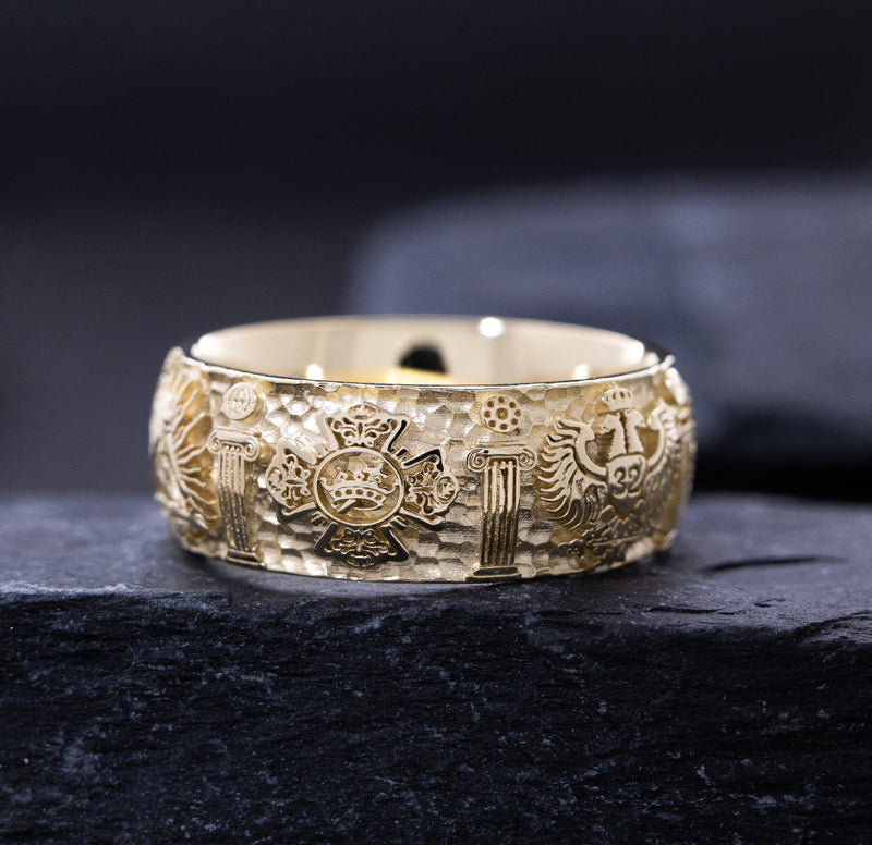 9mm Custom Made, Hammered Texture, Solid Yellow Gold Ring with Masonic Symbols