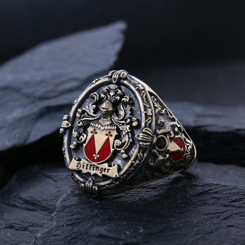 Custom Enamel, 14k Solid Yellow Gold, Black Oxidized Family Crest Signet Ring