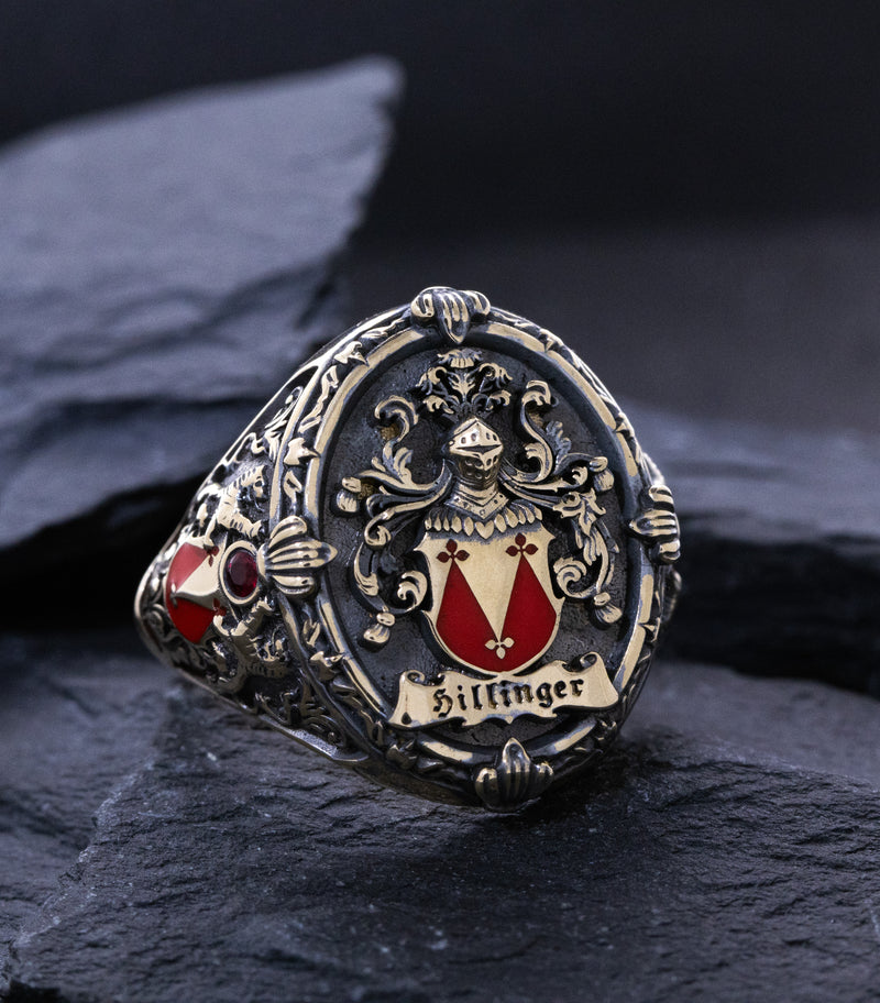 Custom Enamel, 14k Solid Yellow Gold, Black Oxidized Family Crest Signet Ring