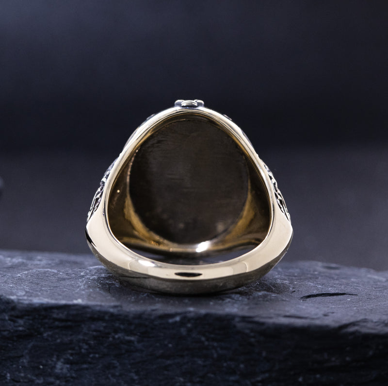 Custom Enamel, 14k Solid Yellow Gold, Black Oxidized Family Crest Signet Ring