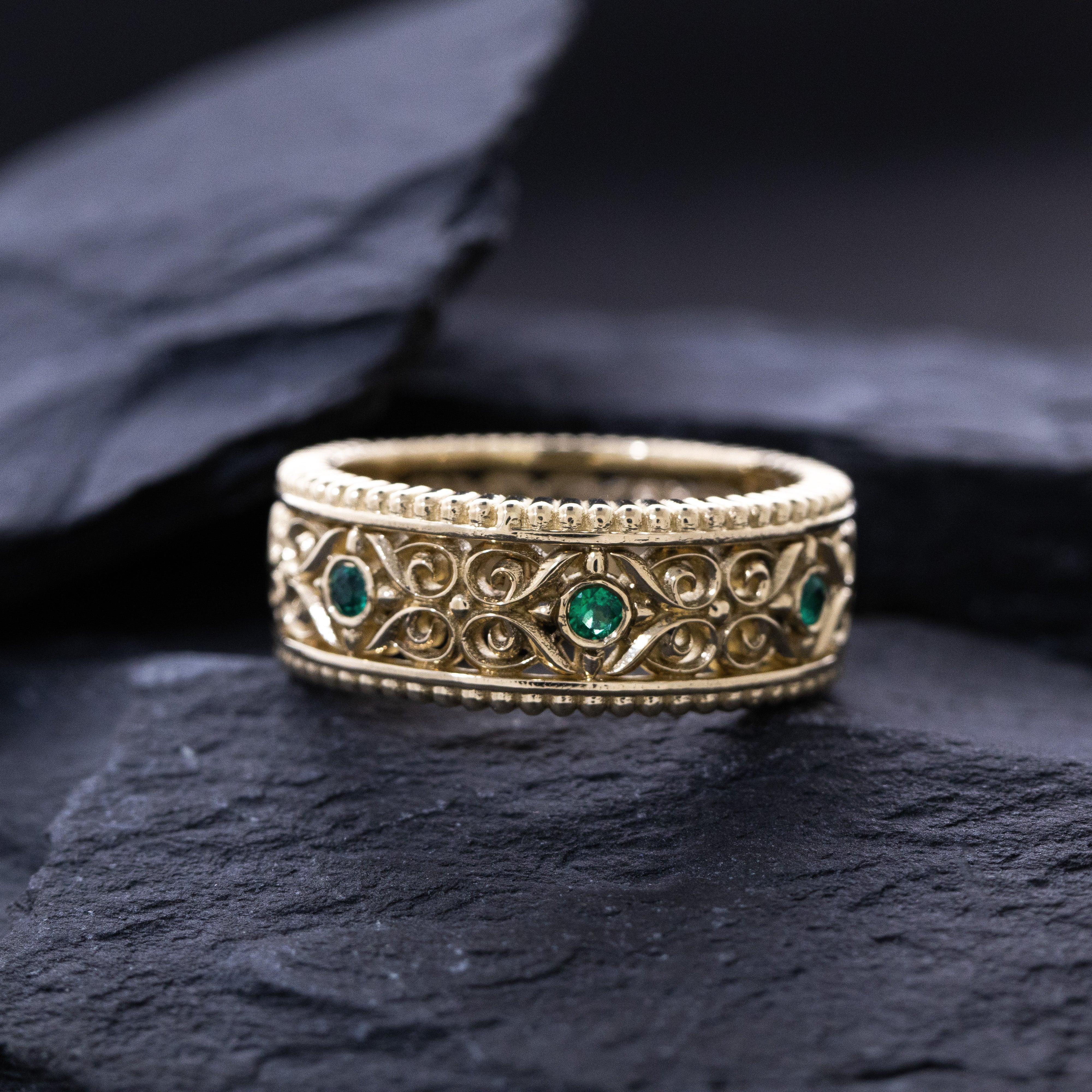 7mm Custom Made, 14k Solid Yellow Gold Band with Victorian Floral Reliefs and Green Emeralds