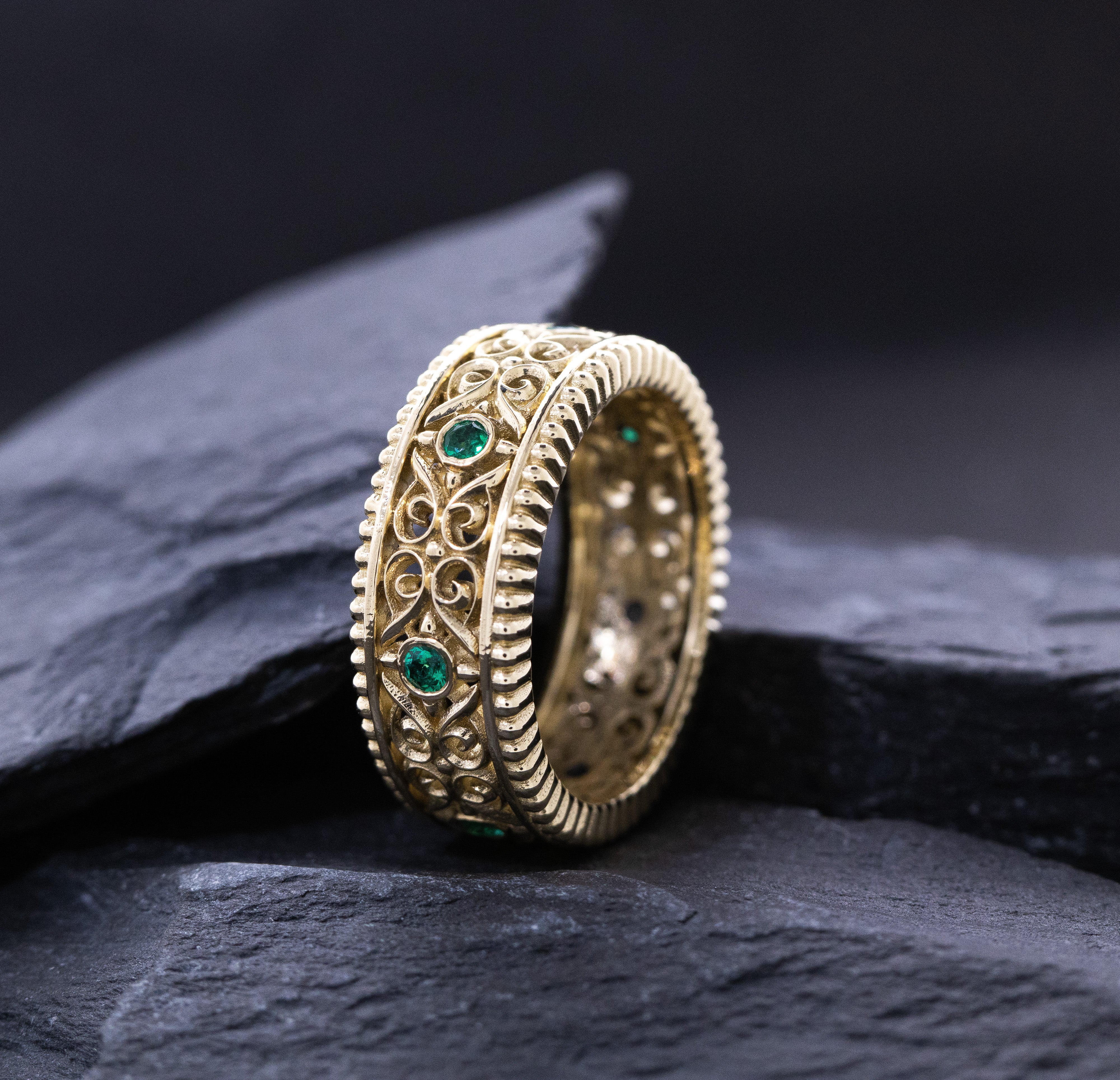 7mm Custom Made, 14k Solid Yellow Gold Band with Victorian Floral Reliefs and Green Emeralds