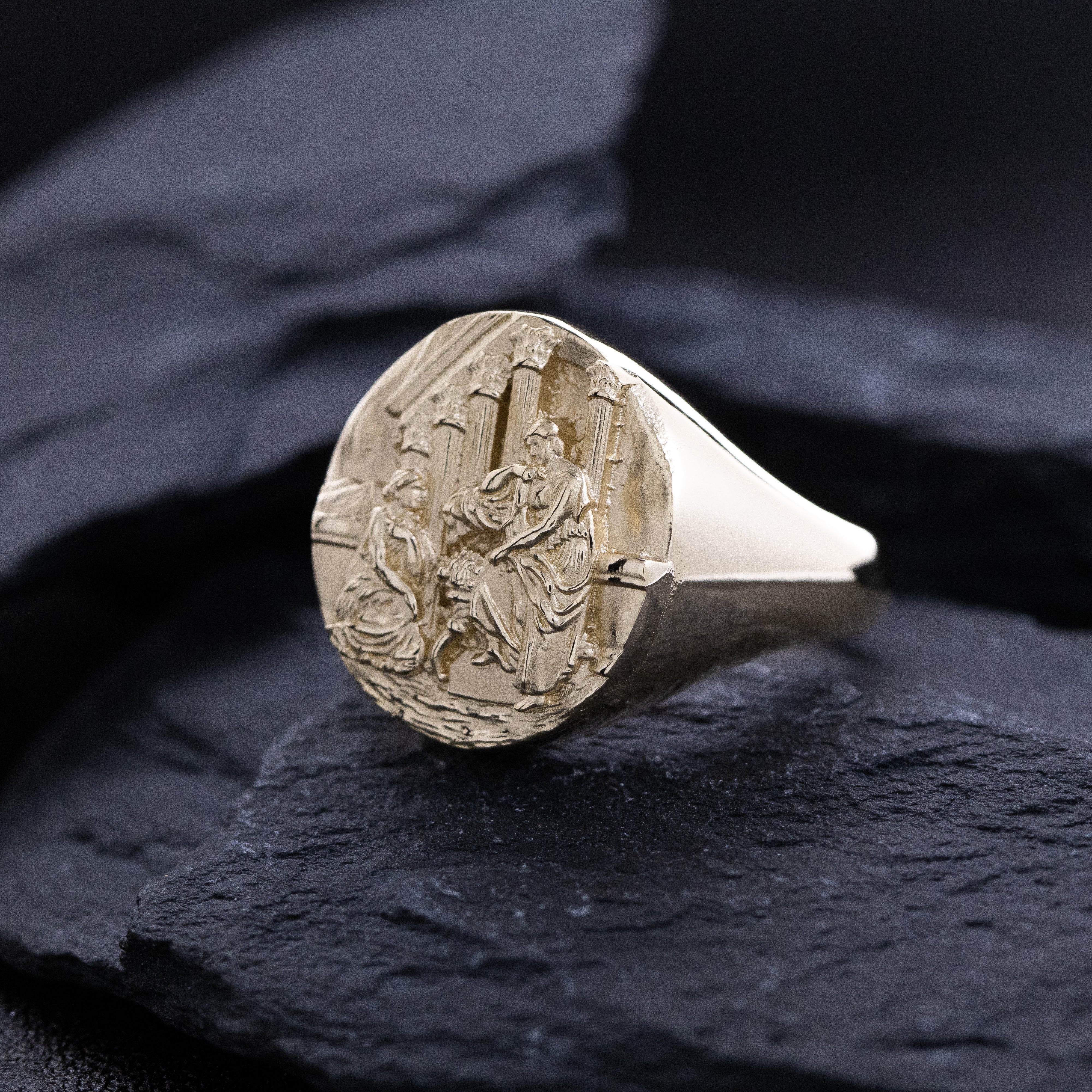 Solid 14k Yellow Gold Signet Ring with Ancient Greek Women