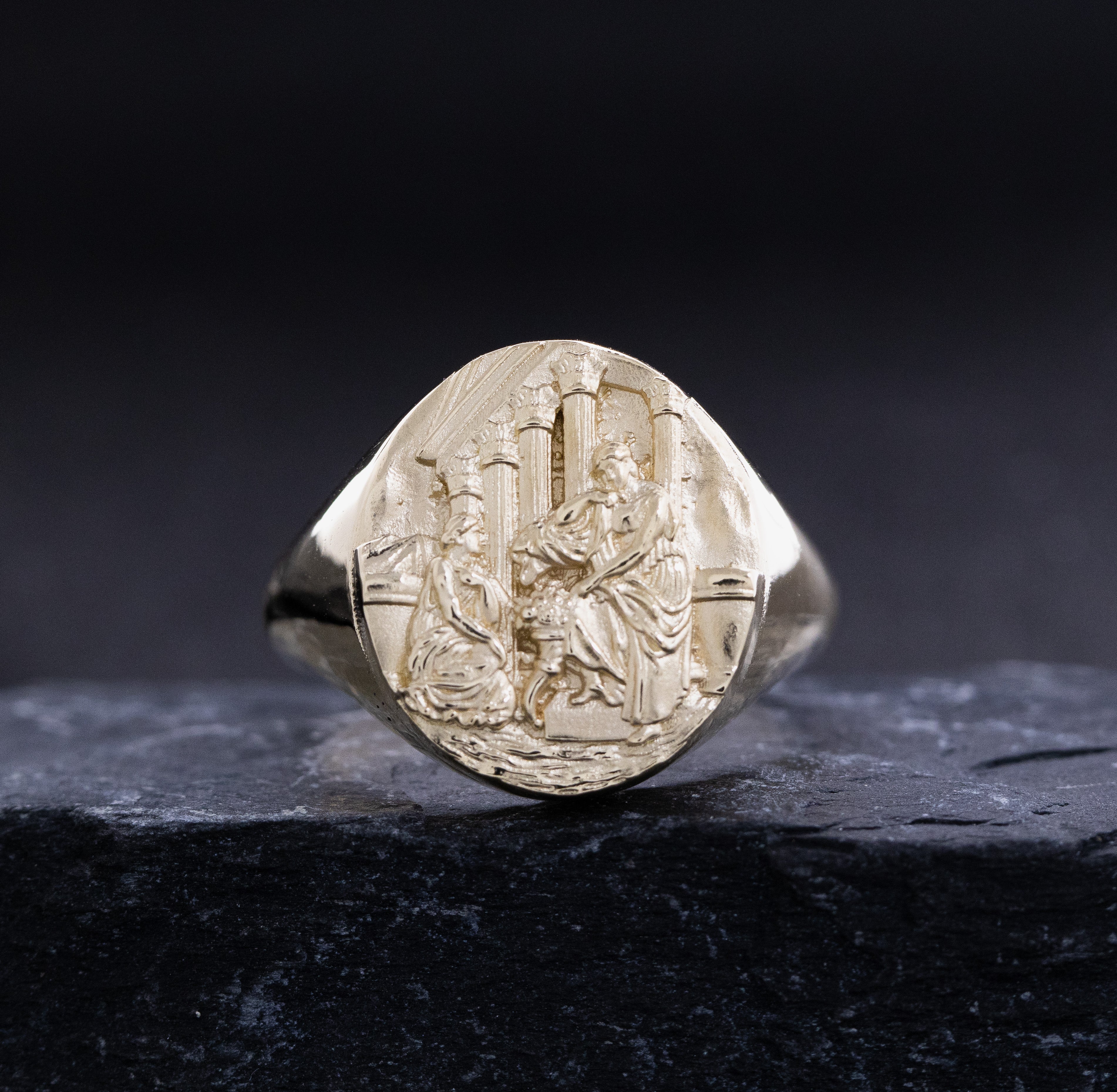 Solid 14k Yellow Gold Signet Ring with Ancient Greek Women