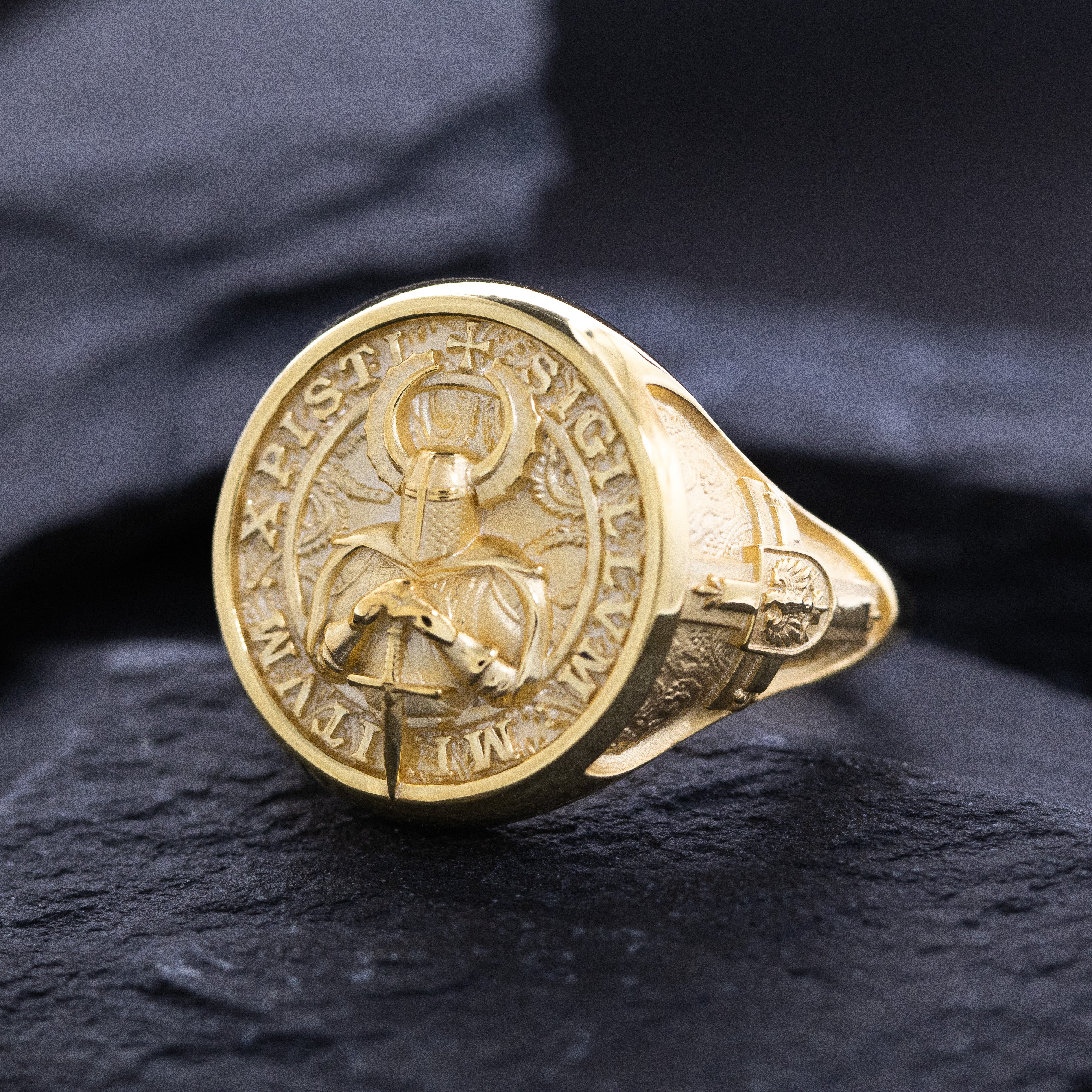 Solid 14k Yellow Gold Signet Ring with Teutonic Knight