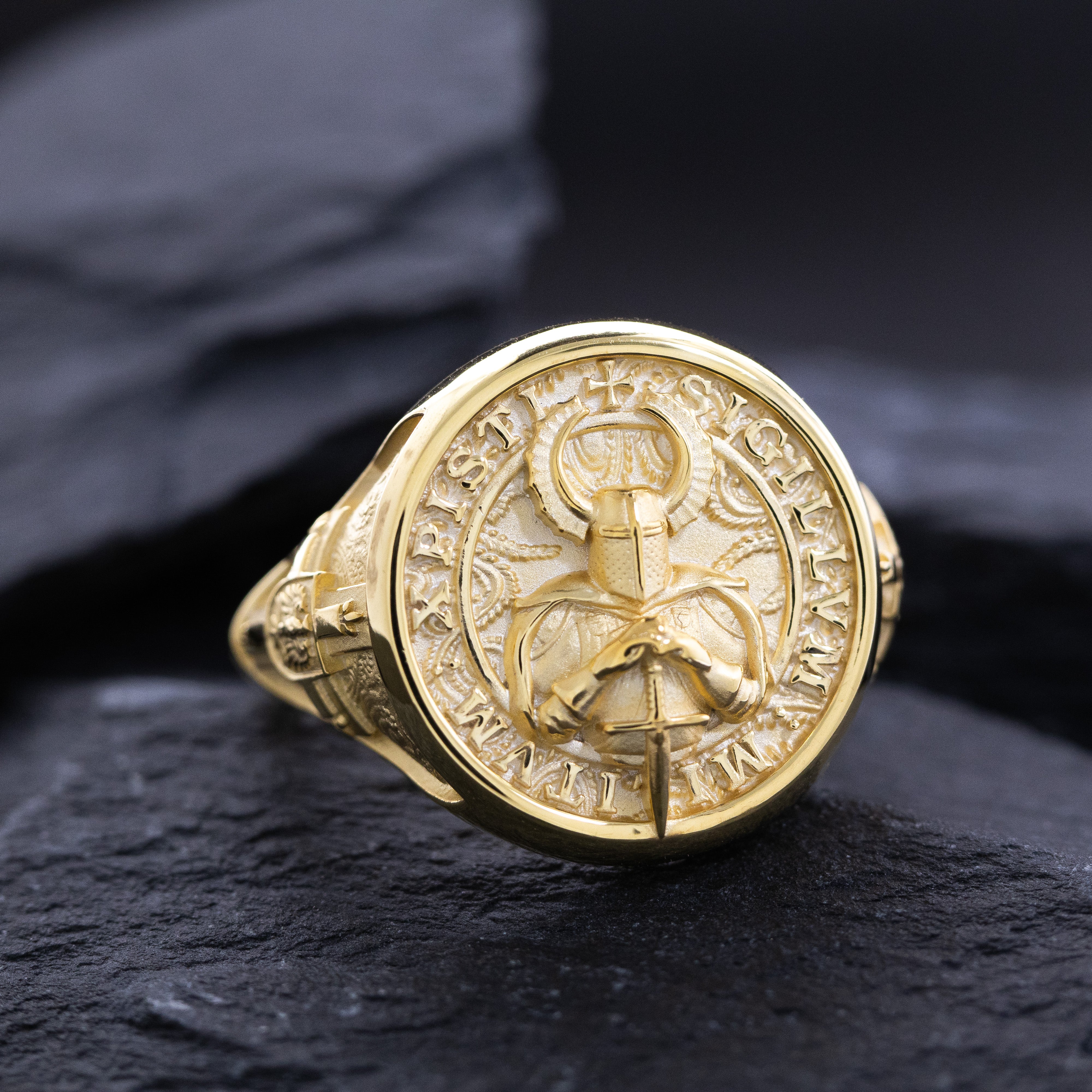 Solid 14k Yellow Gold Signet Ring with Teutonic Knight