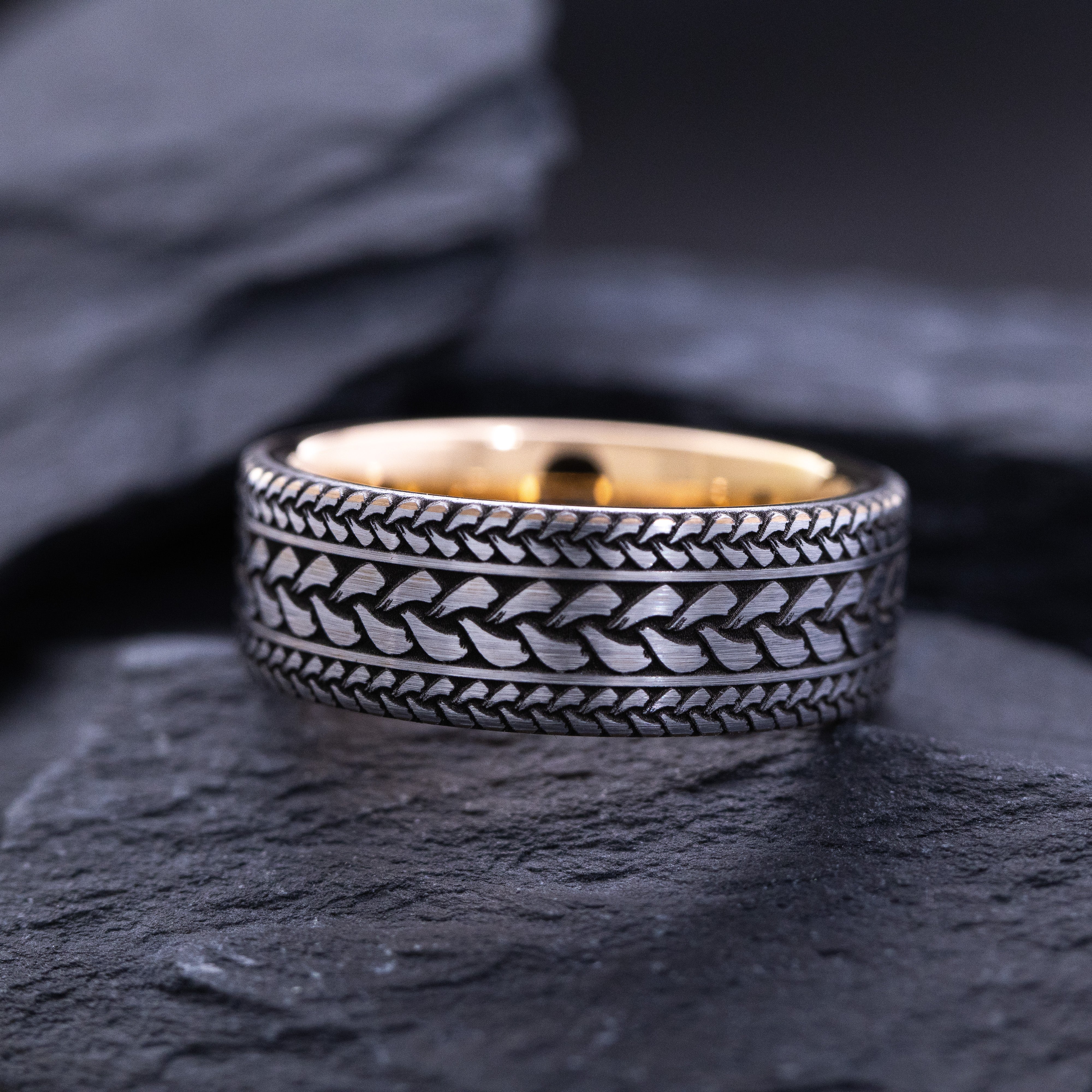 8mm Tungsten Carbide Ring with Norse Braids and Rose Gold Plating