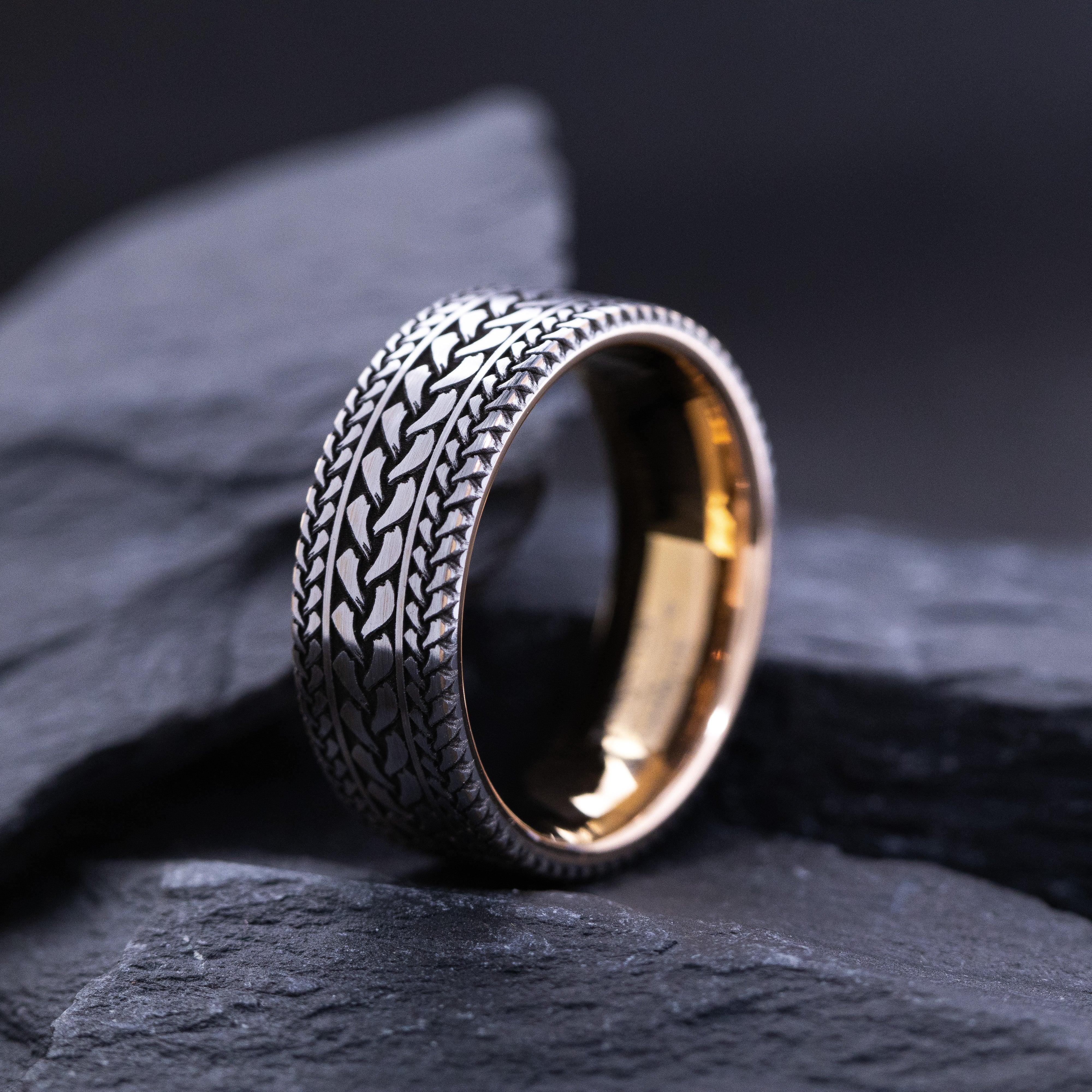 8mm Tungsten Carbide Ring with Norse Braids and Rose Gold Plating