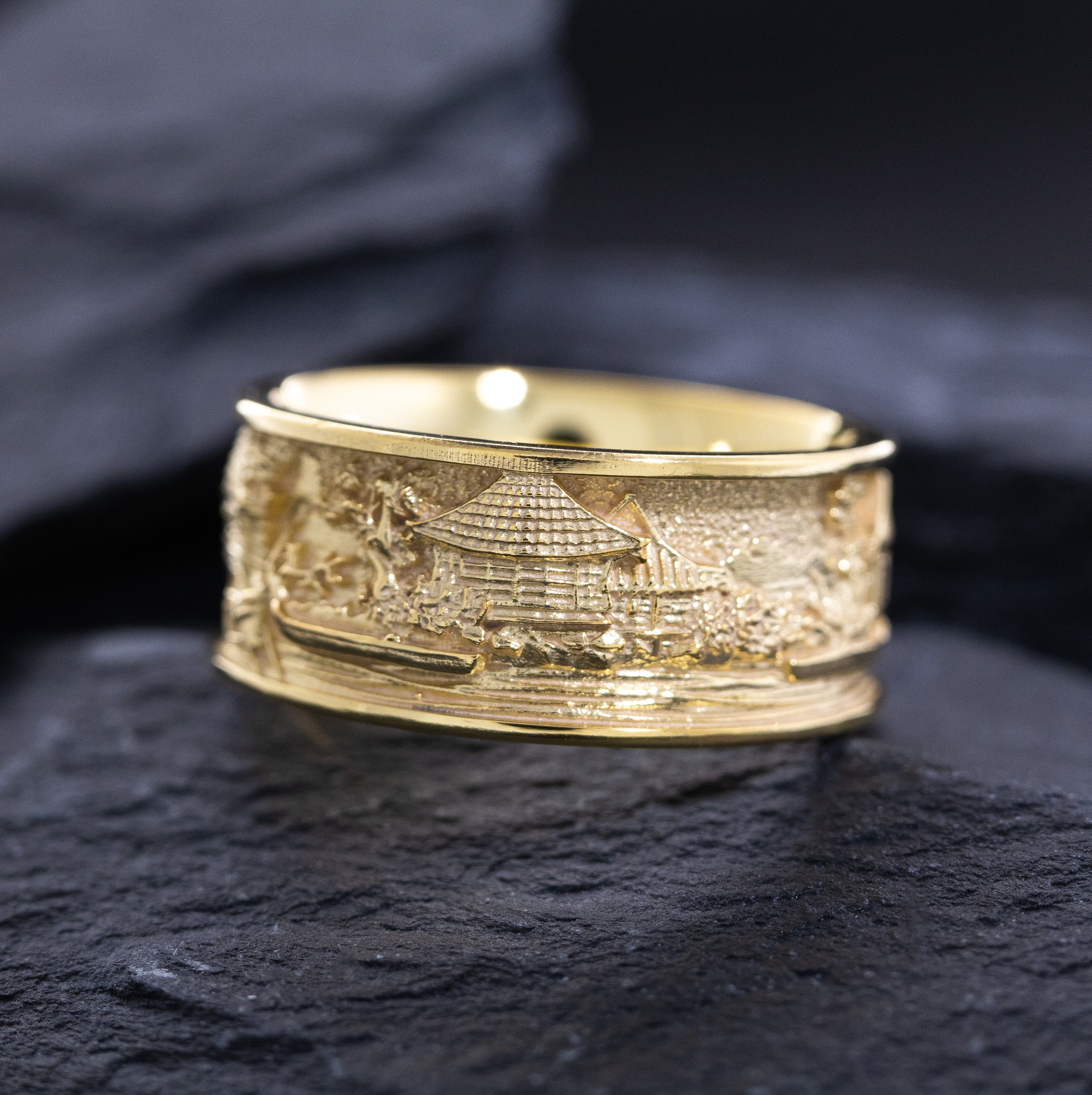 Solid 14k Yellow Gold Ring Inspired by Japanese Woodblock Artwork