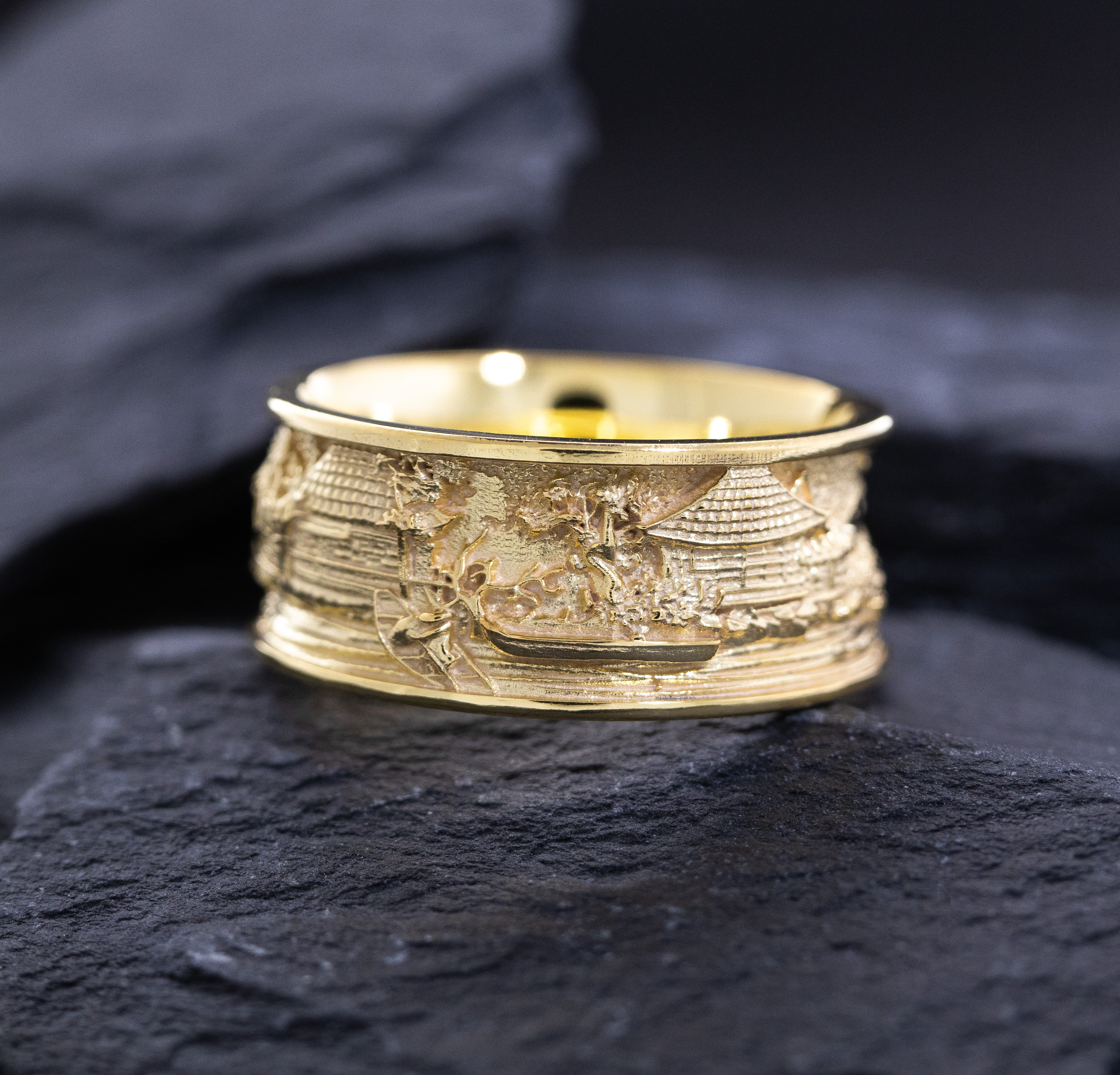 Solid 14k Yellow Gold Ring Inspired by Japanese Woodblock Artwork