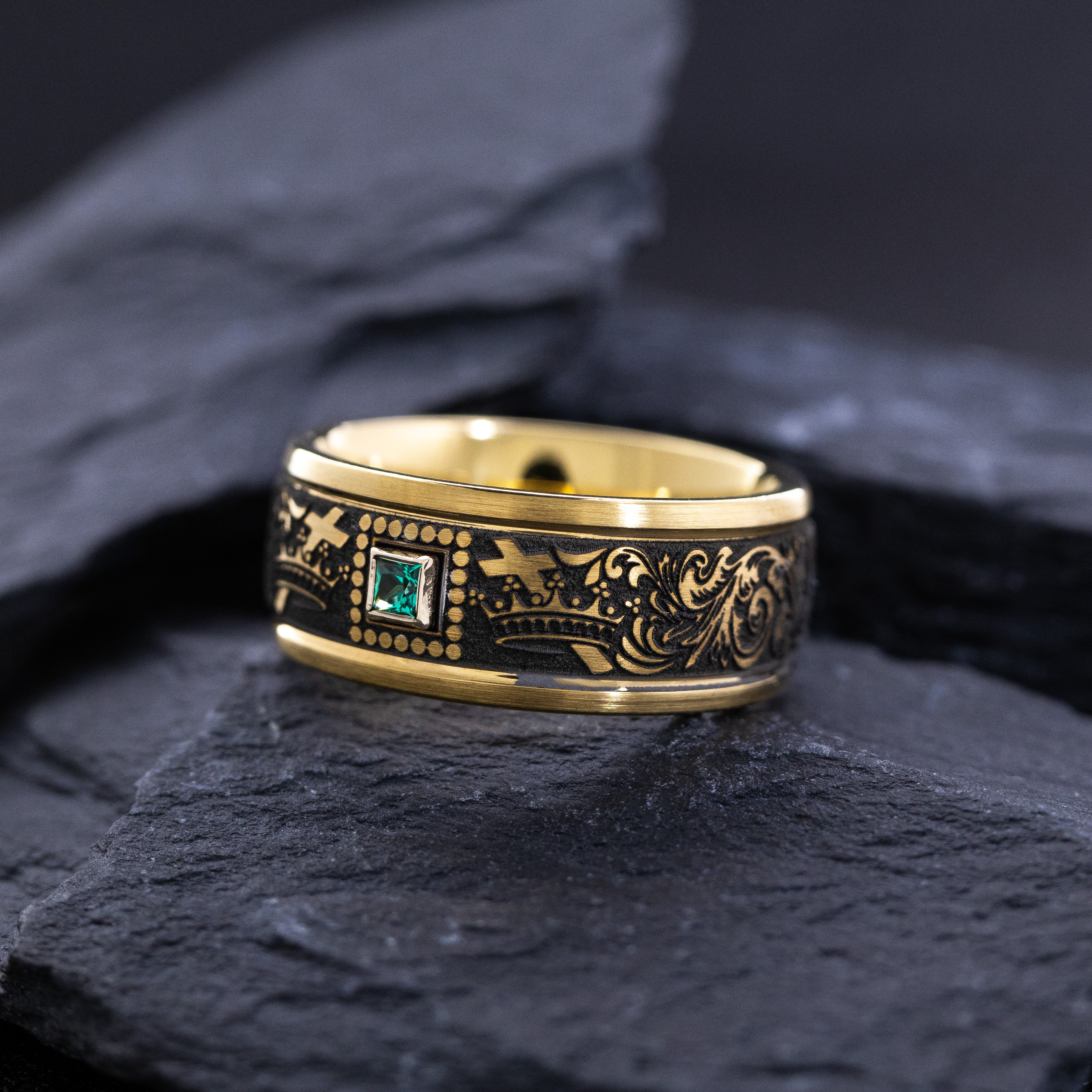 9mm Cobalt Ring with Yellow Gold Plating, Emerald and Cross and Floral Deep Engravings