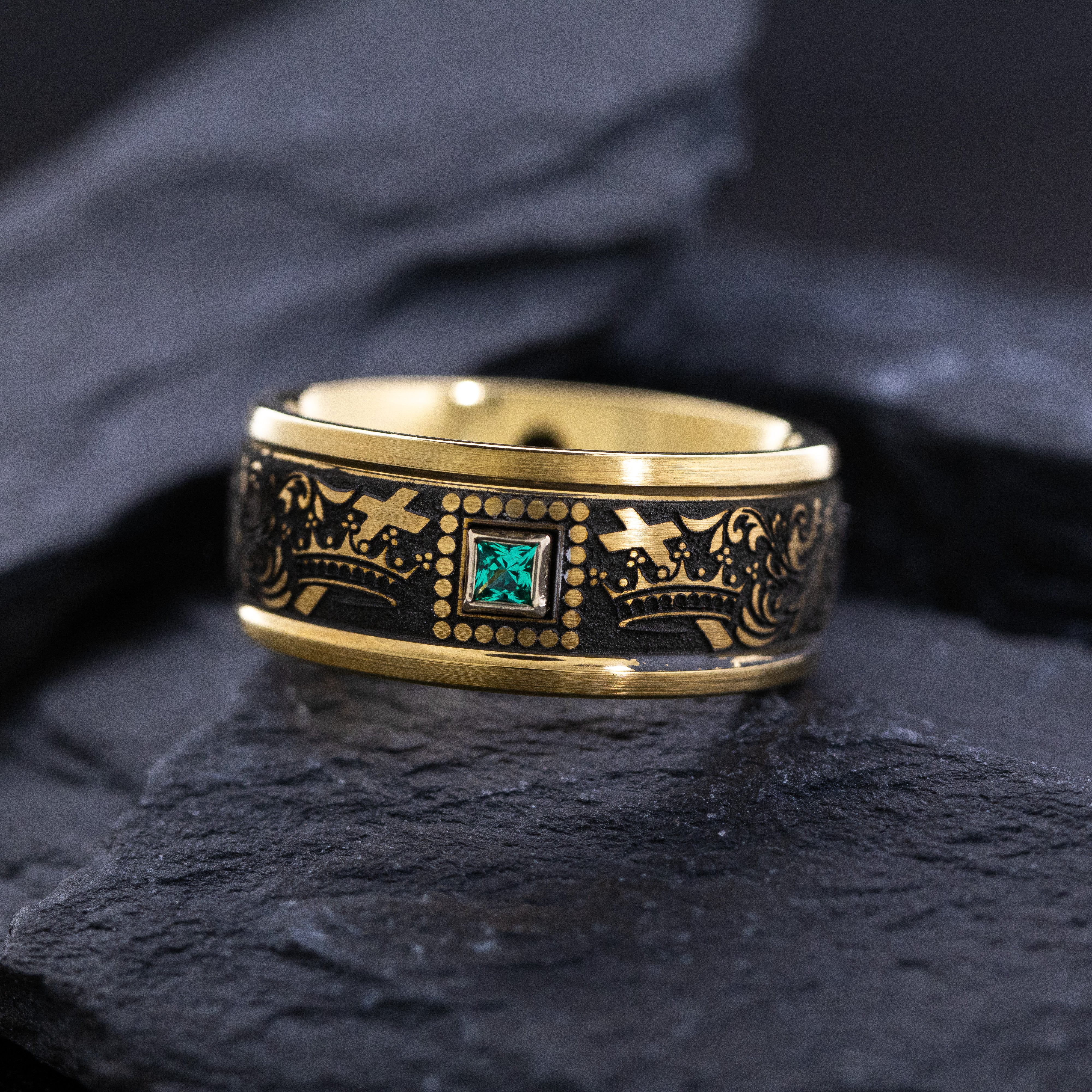 9mm Cobalt Ring with Yellow Gold Plating, Emerald and Cross and Floral Deep Engravings