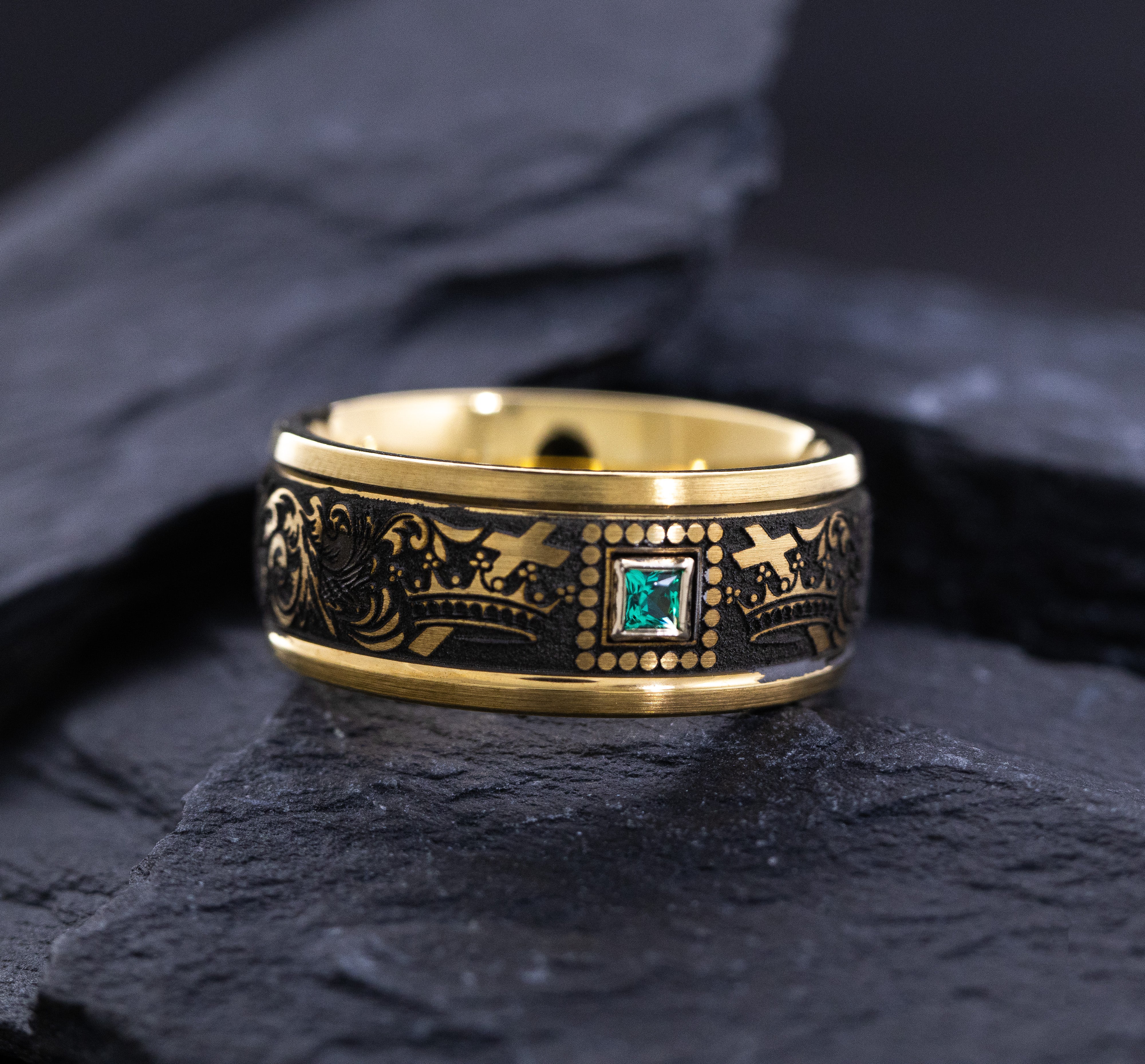 9mm Cobalt Ring with Yellow Gold Plating, Emerald and Cross and Floral Deep Engravings
