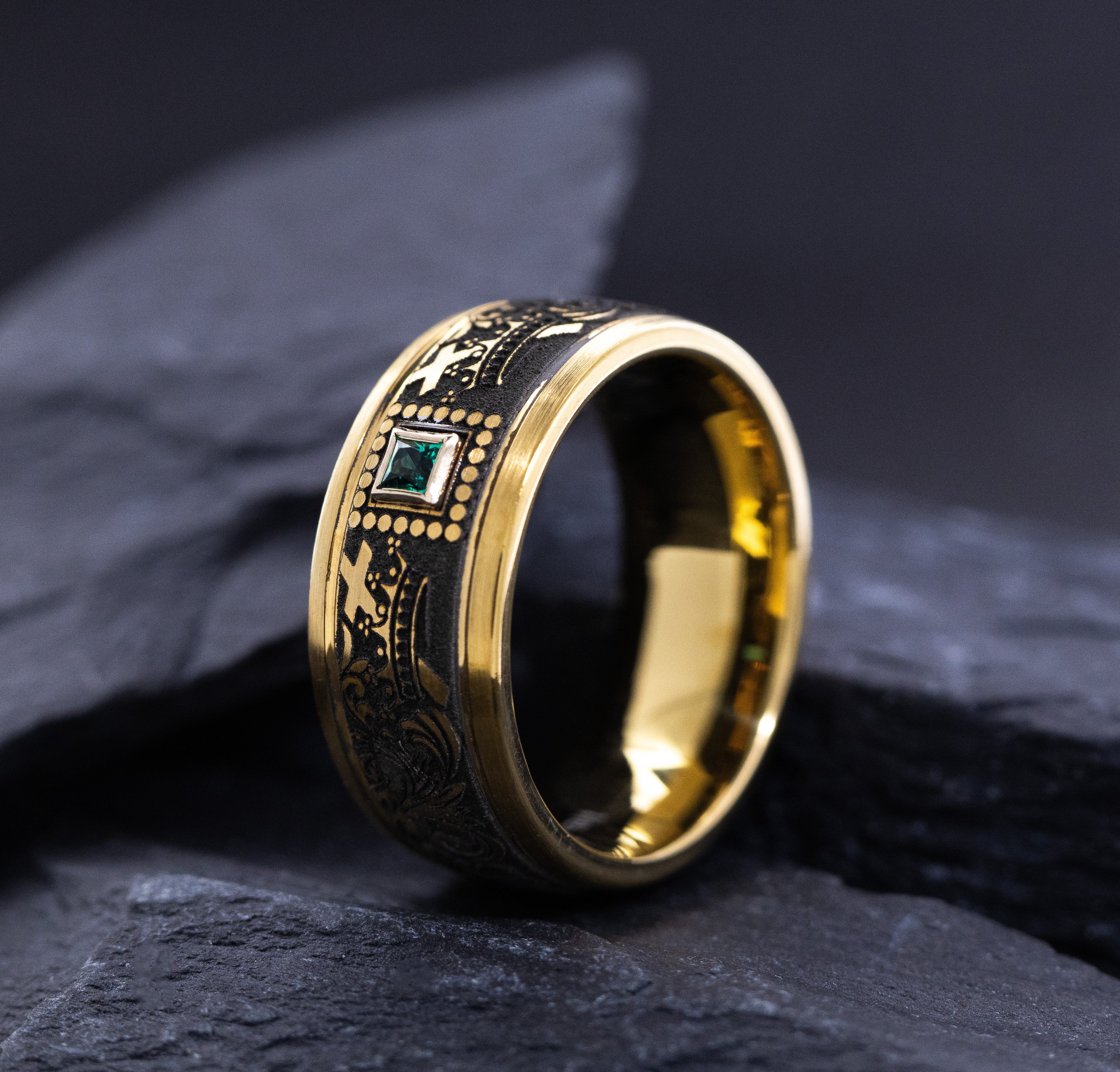 9mm Cobalt Ring with Yellow Gold Plating, Emerald and Cross and Floral Deep Engravings