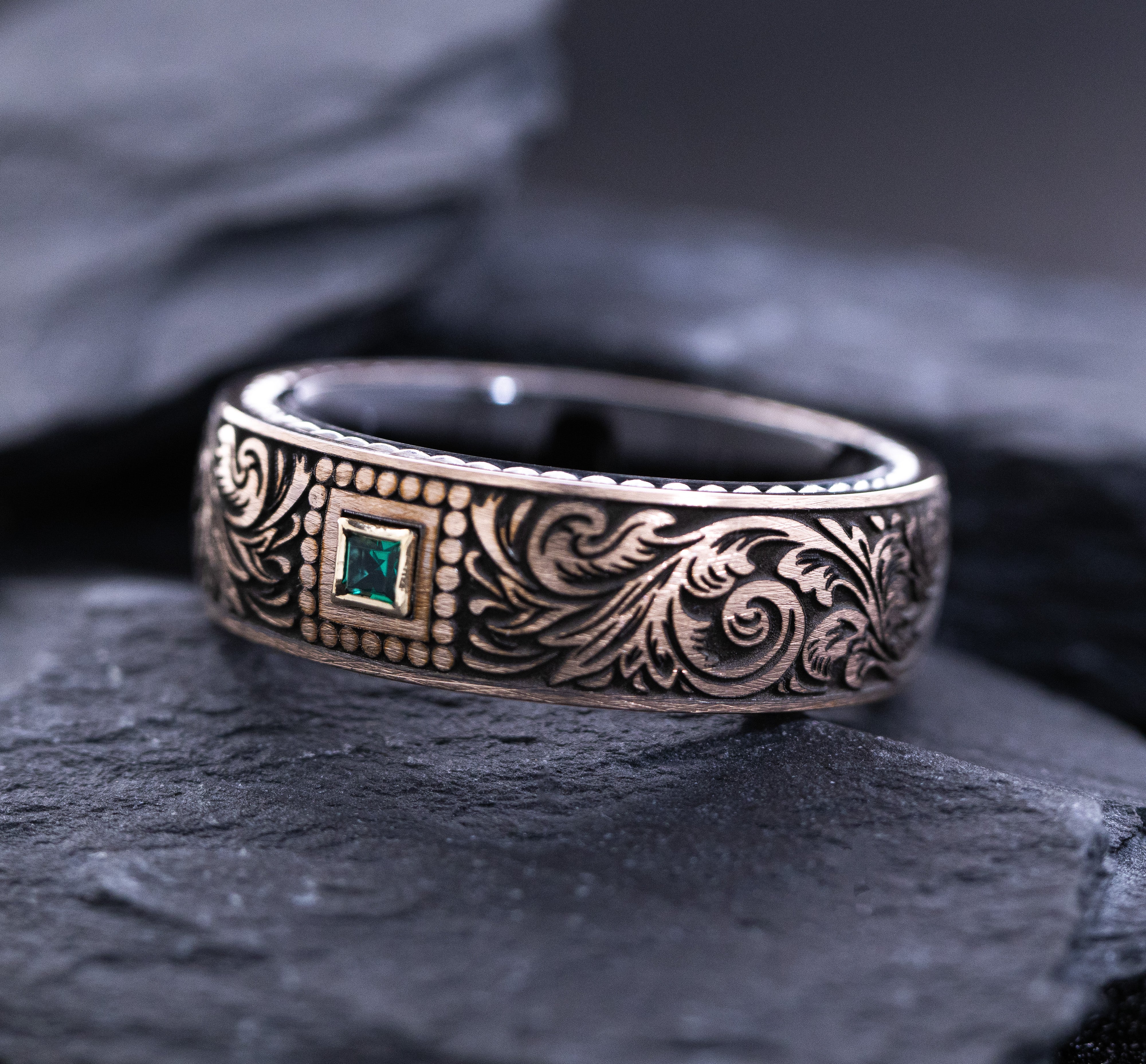 8mm Tungsten Ring with Rose Gold Plating, Braided Edges, Emerald and Victorian Floral Deep Engravings