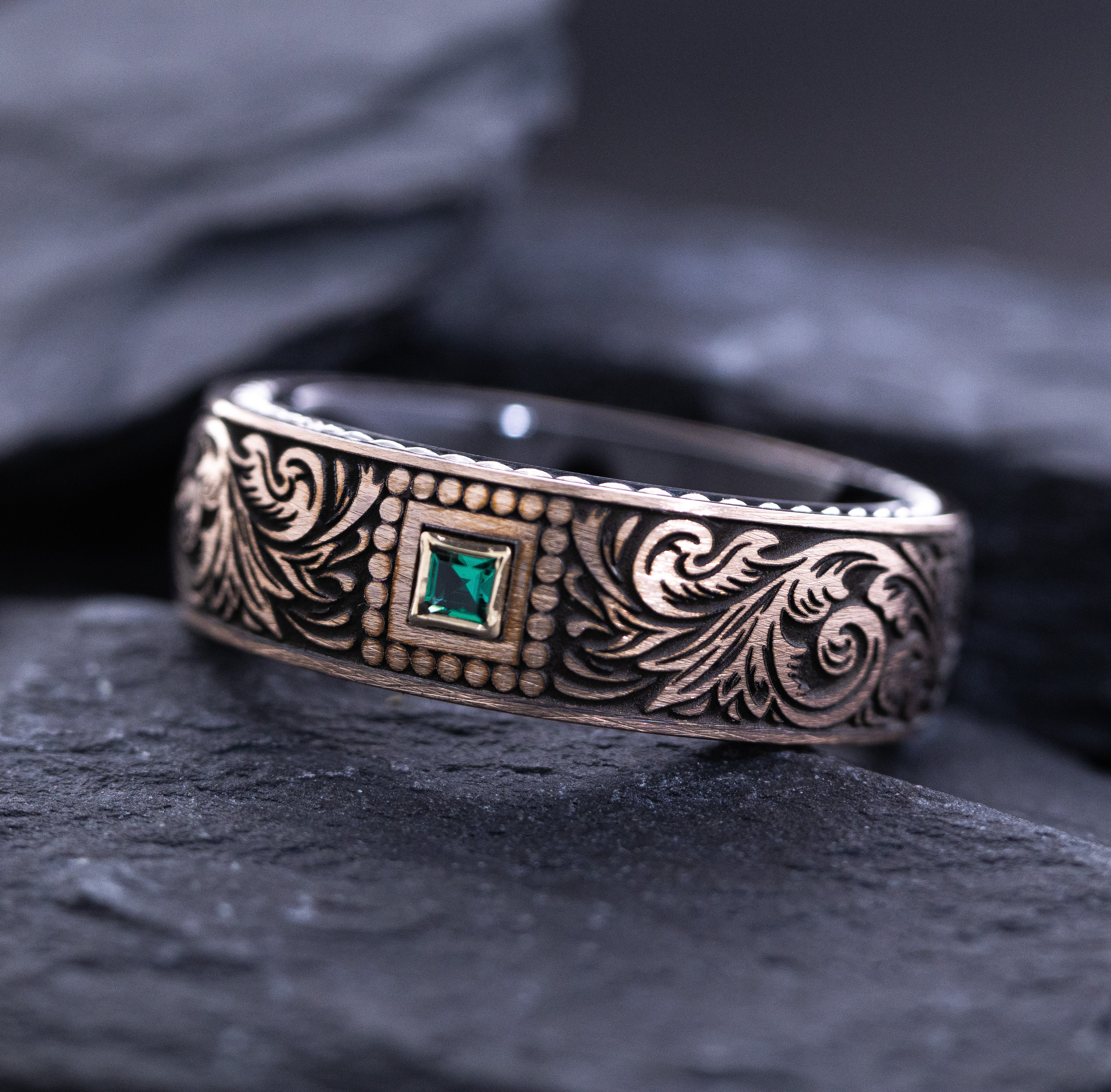 8mm Tungsten Ring with Rose Gold Plating, Braided Edges, Emerald and Victorian Floral Deep Engravings