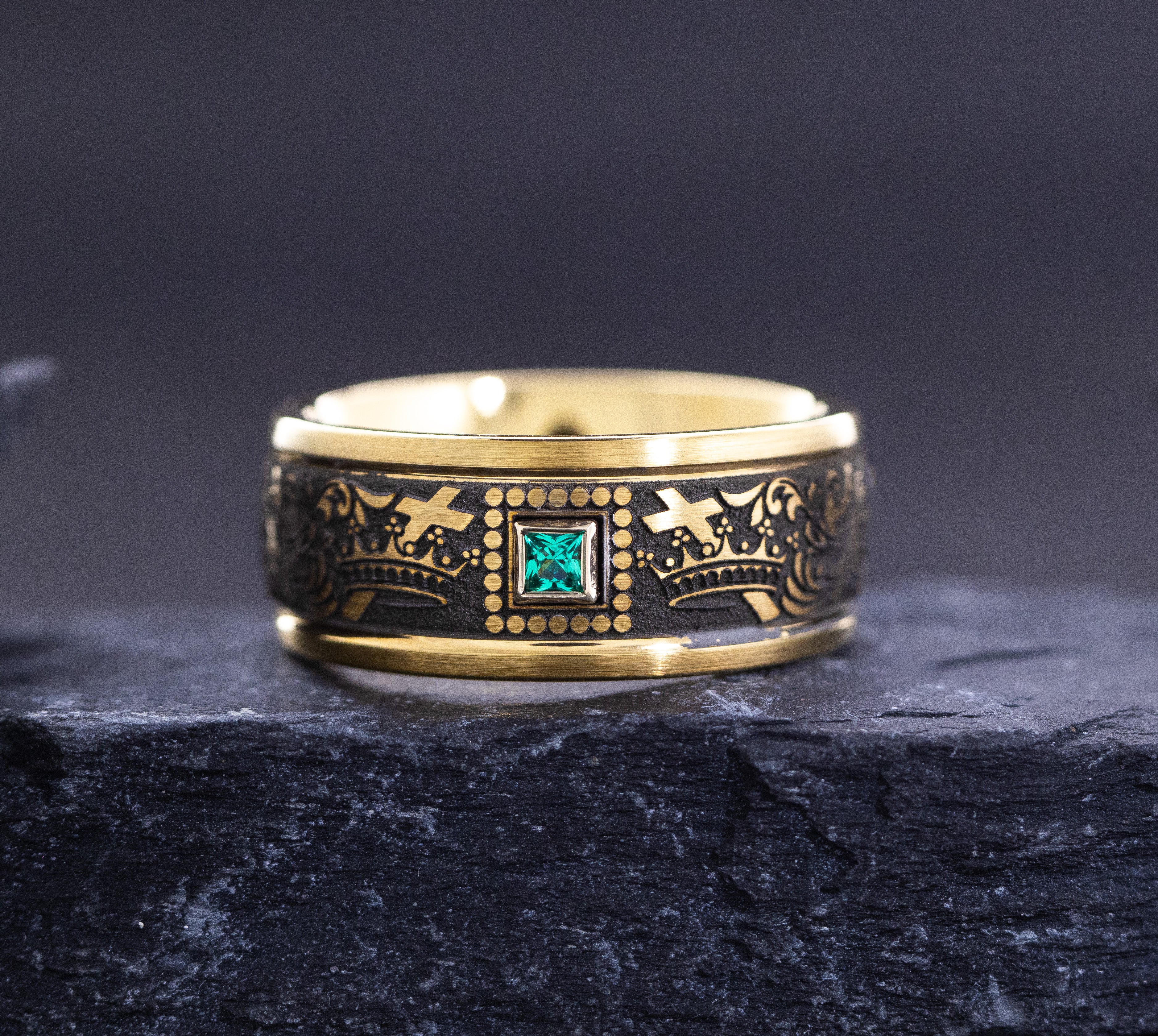 9mm Cobalt Ring with Yellow Gold Plating, Emerald and Cross and Floral Deep Engravings