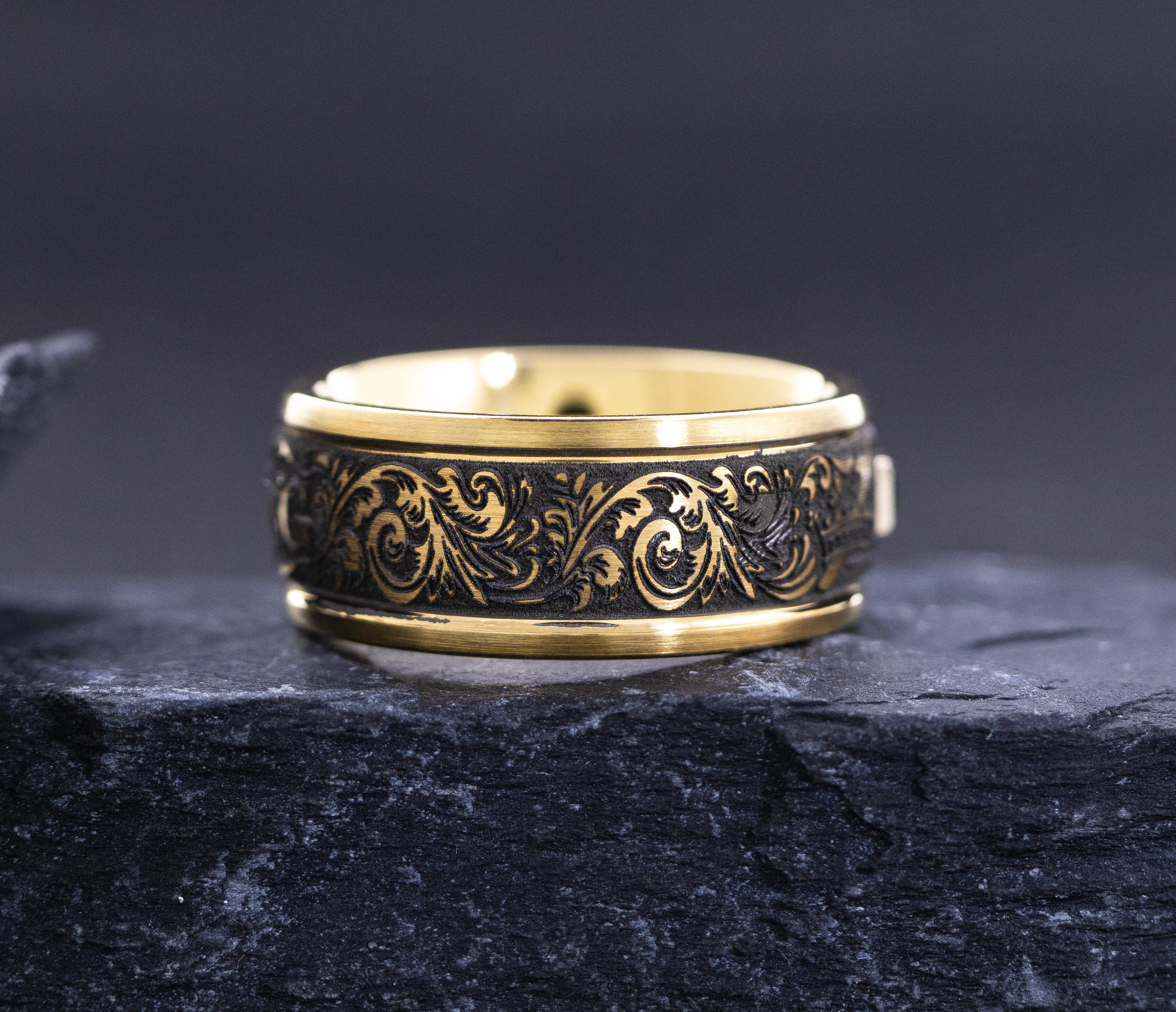 9mm Cobalt Ring with Yellow Gold Plating, Emerald and Cross and Floral Deep Engravings