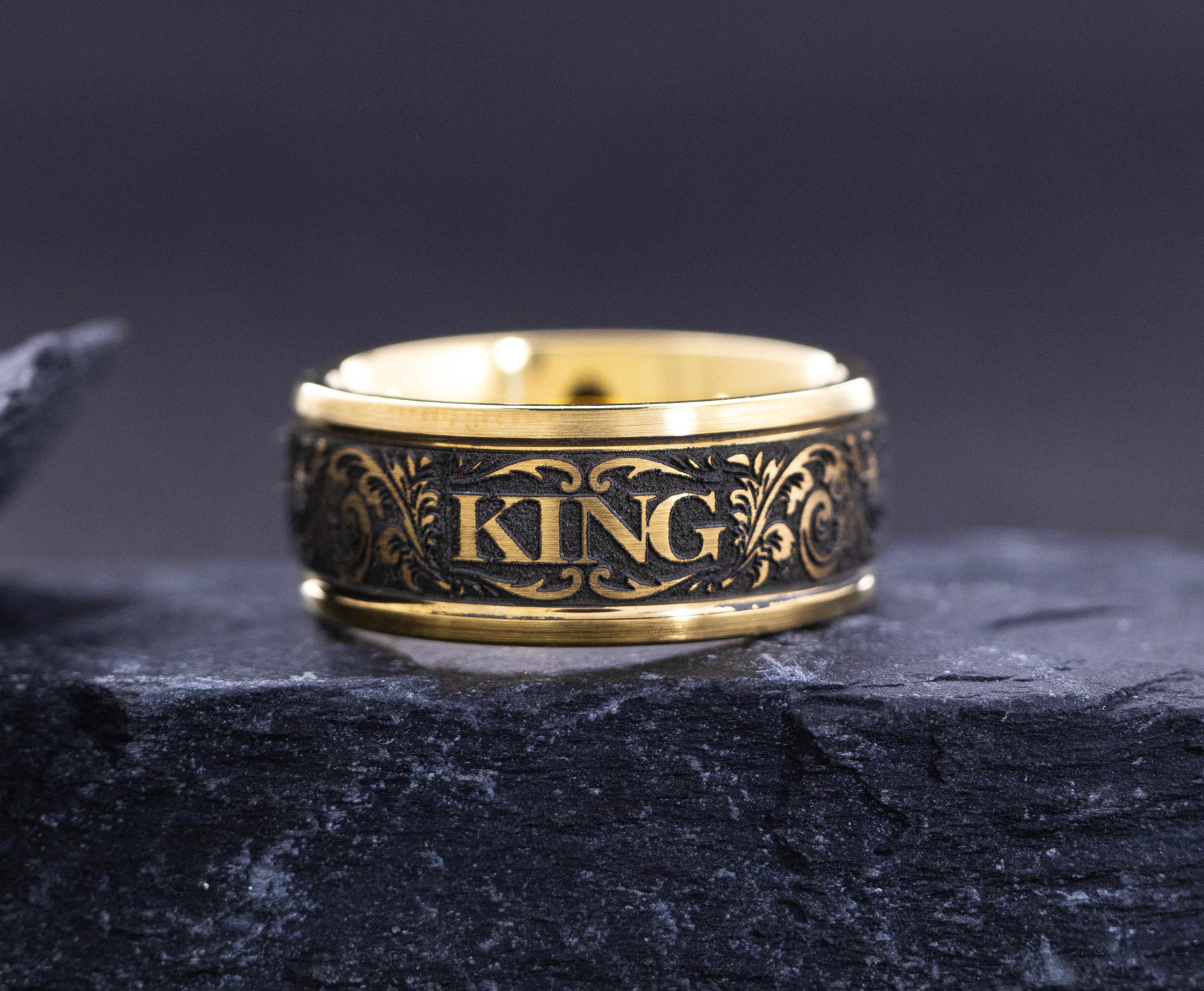 9mm Cobalt Ring with Yellow Gold Plating, Emerald and Cross and Floral Deep Engravings