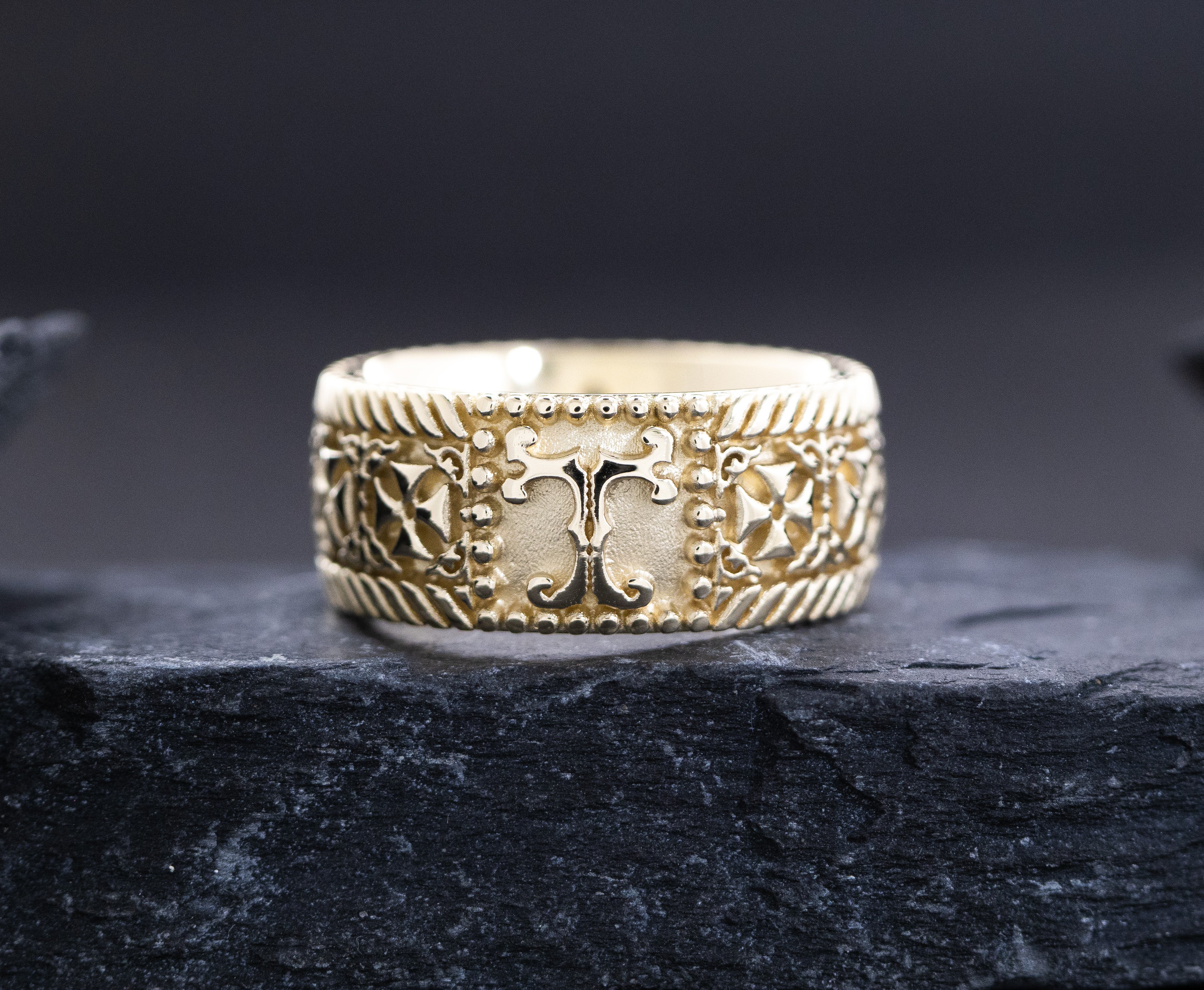 9mm Custom Made, Flat Shaped, Solid Yellow Gold  Ring with Celtic Crosses and Personalized Monogram