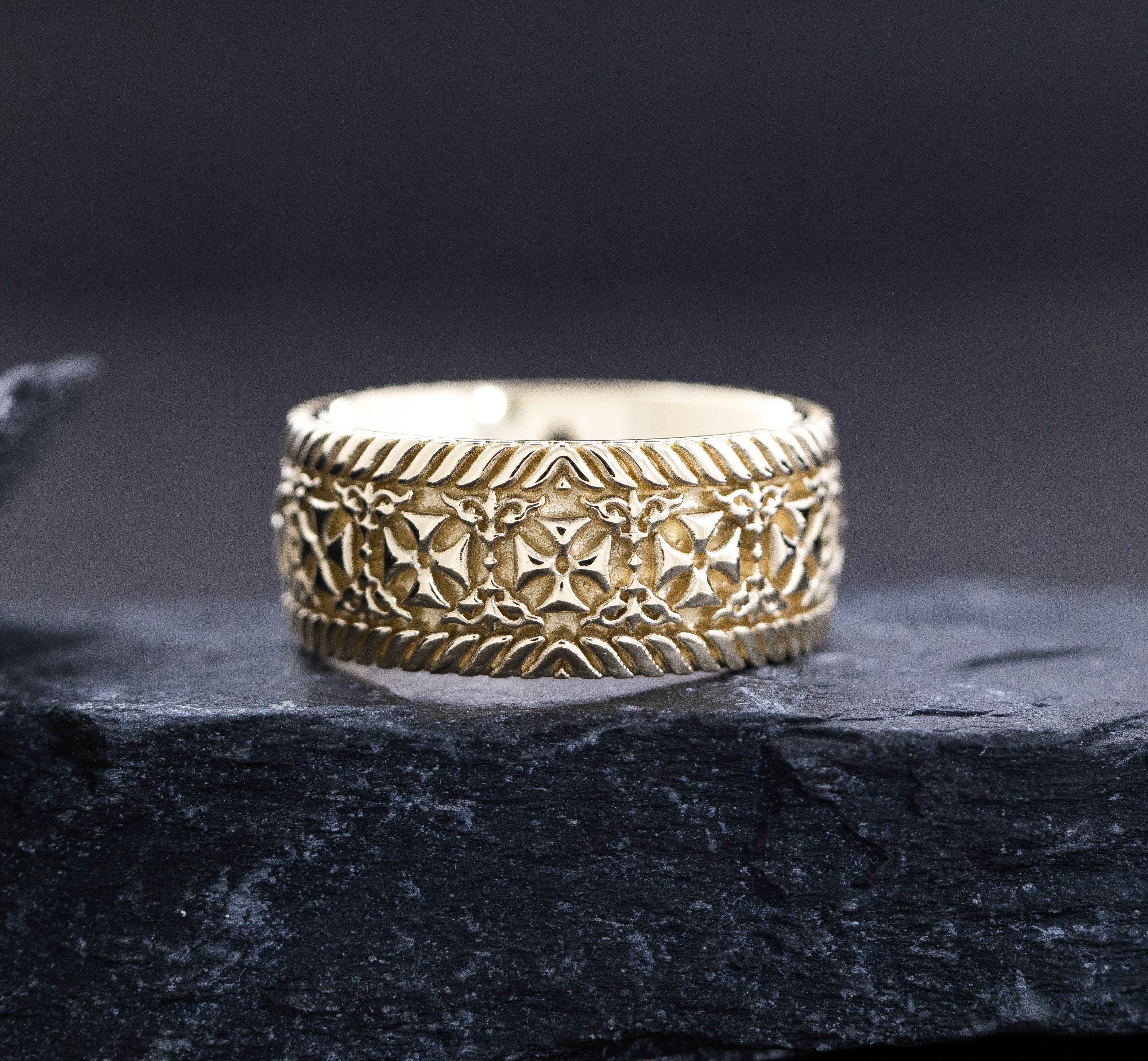 9mm Custom Made, Flat Shaped, Solid Yellow Gold  Ring with Celtic Crosses and Personalized Monogram