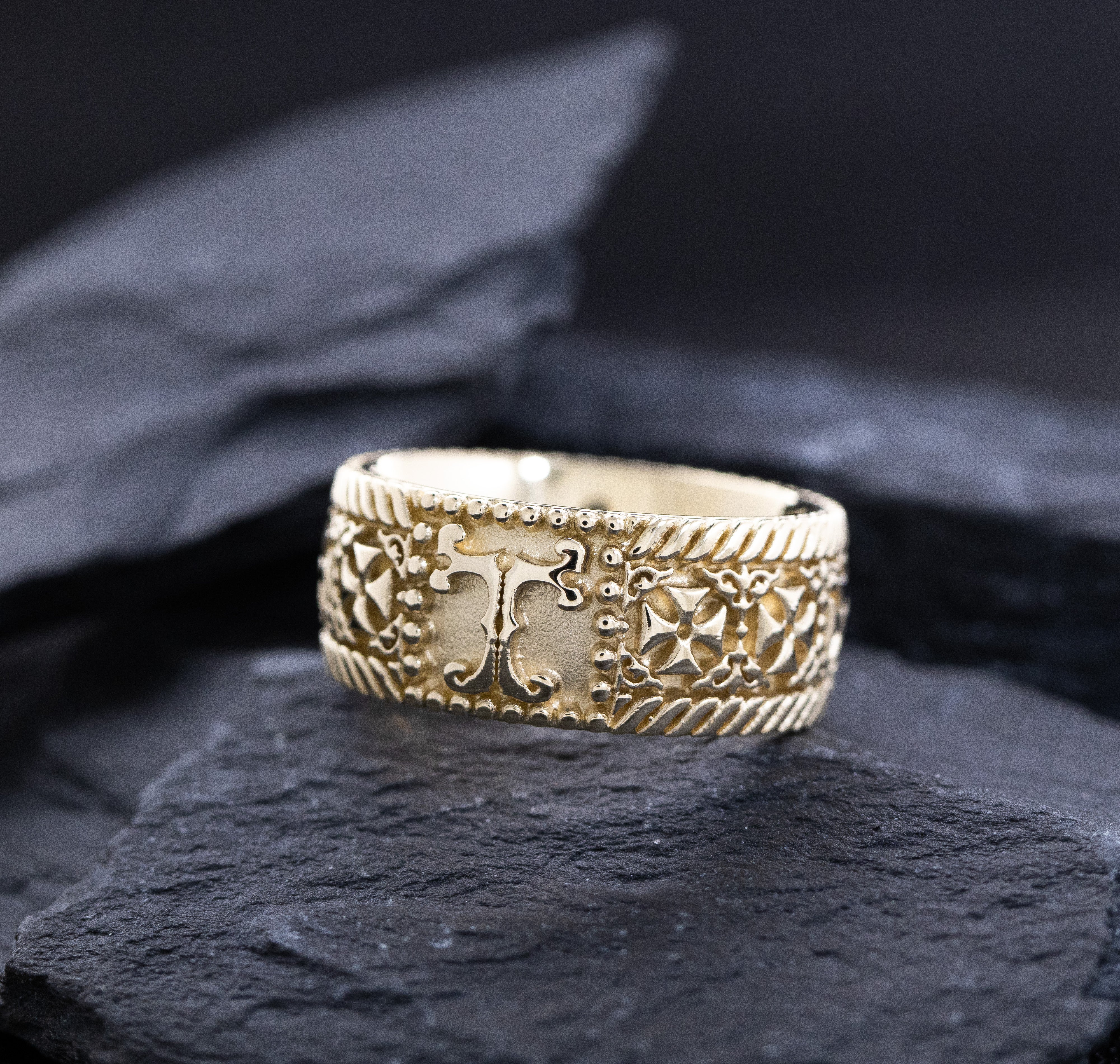 9mm Custom Made, Flat Shaped, Solid Yellow Gold  Ring with Celtic Crosses and Personalized Monogram