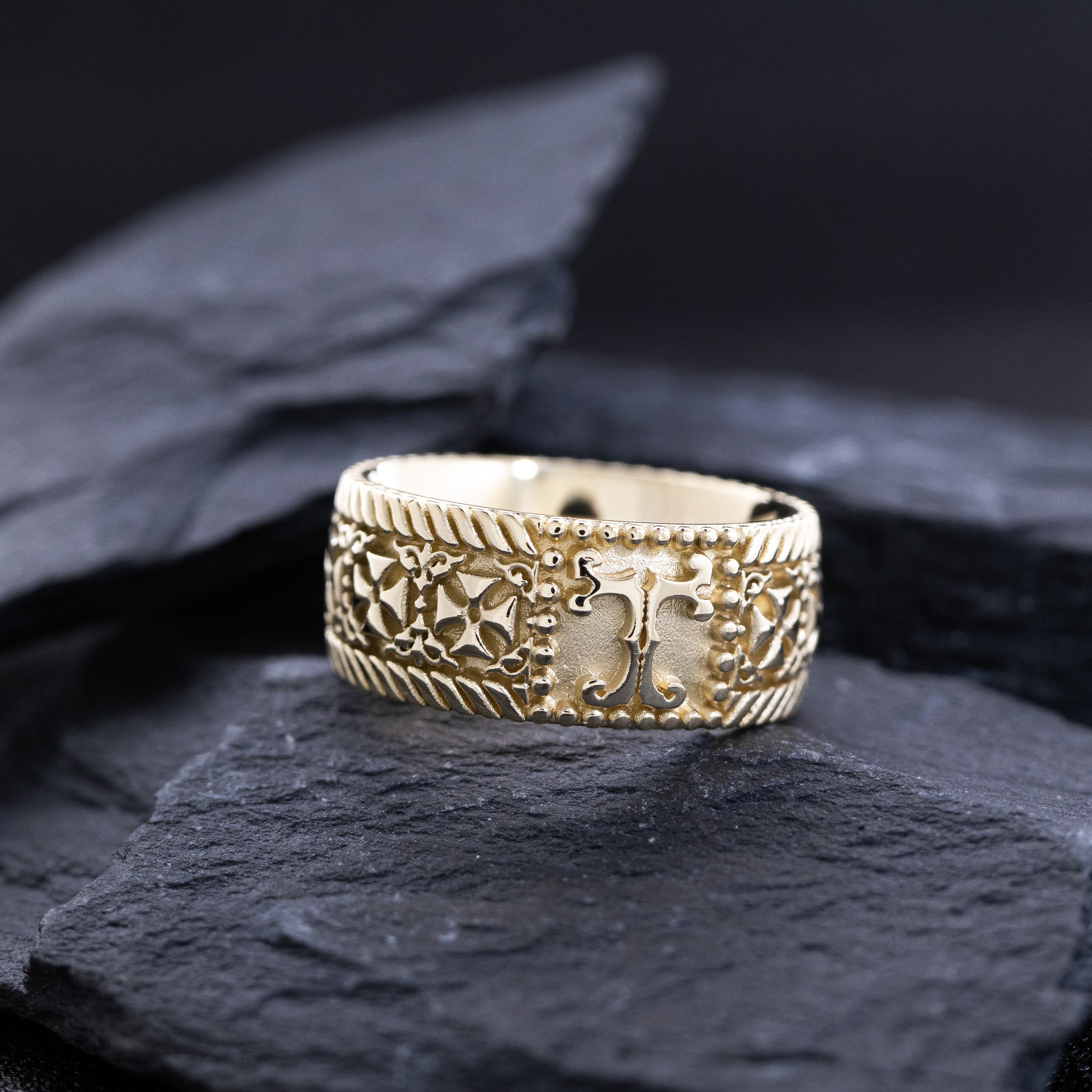 9mm Custom Made, Flat Shaped, Solid Yellow Gold  Ring with Celtic Crosses and Personalized Monogram