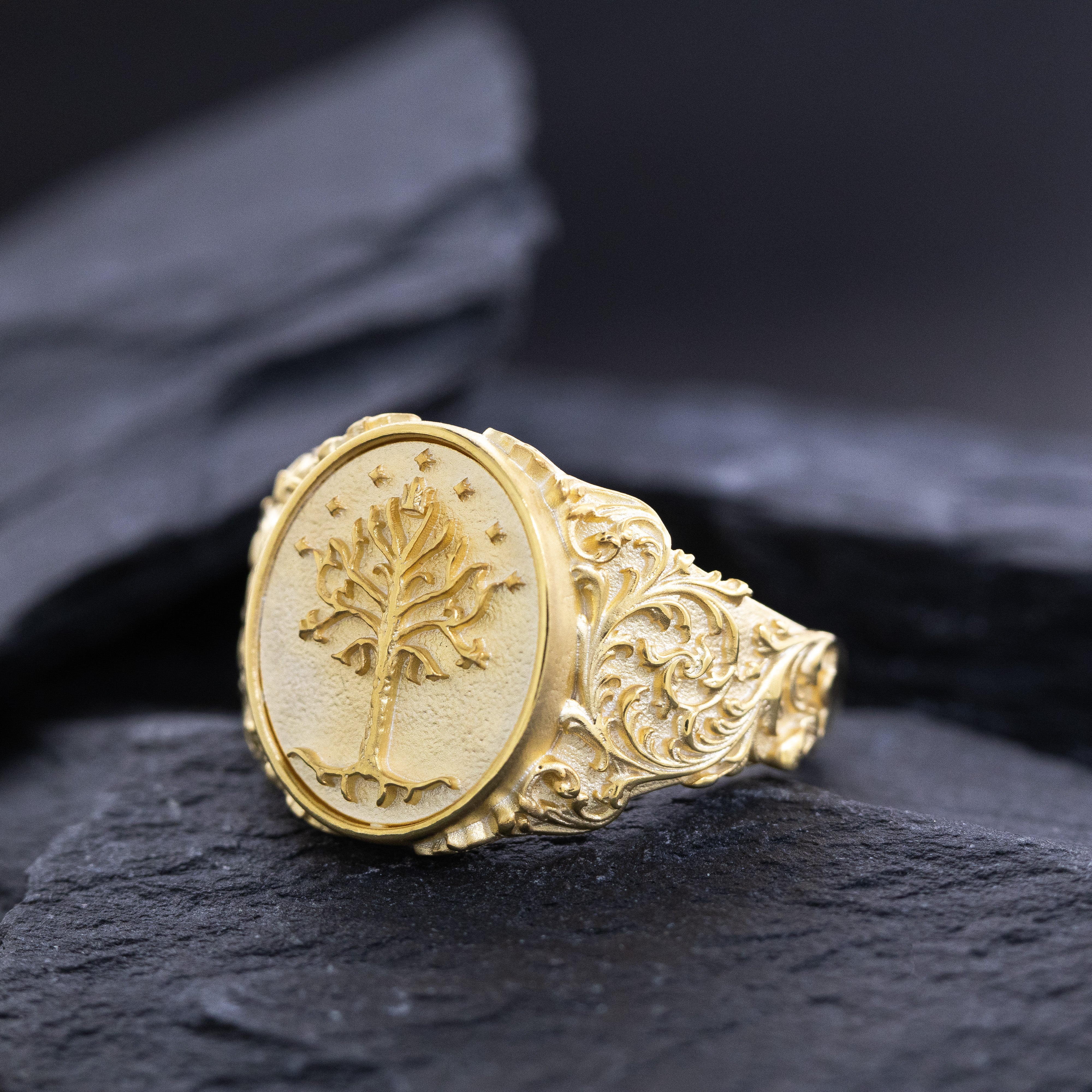 Elvish Signet Ring, 14k Solid Yellow Gold Ring with Floral Patterns