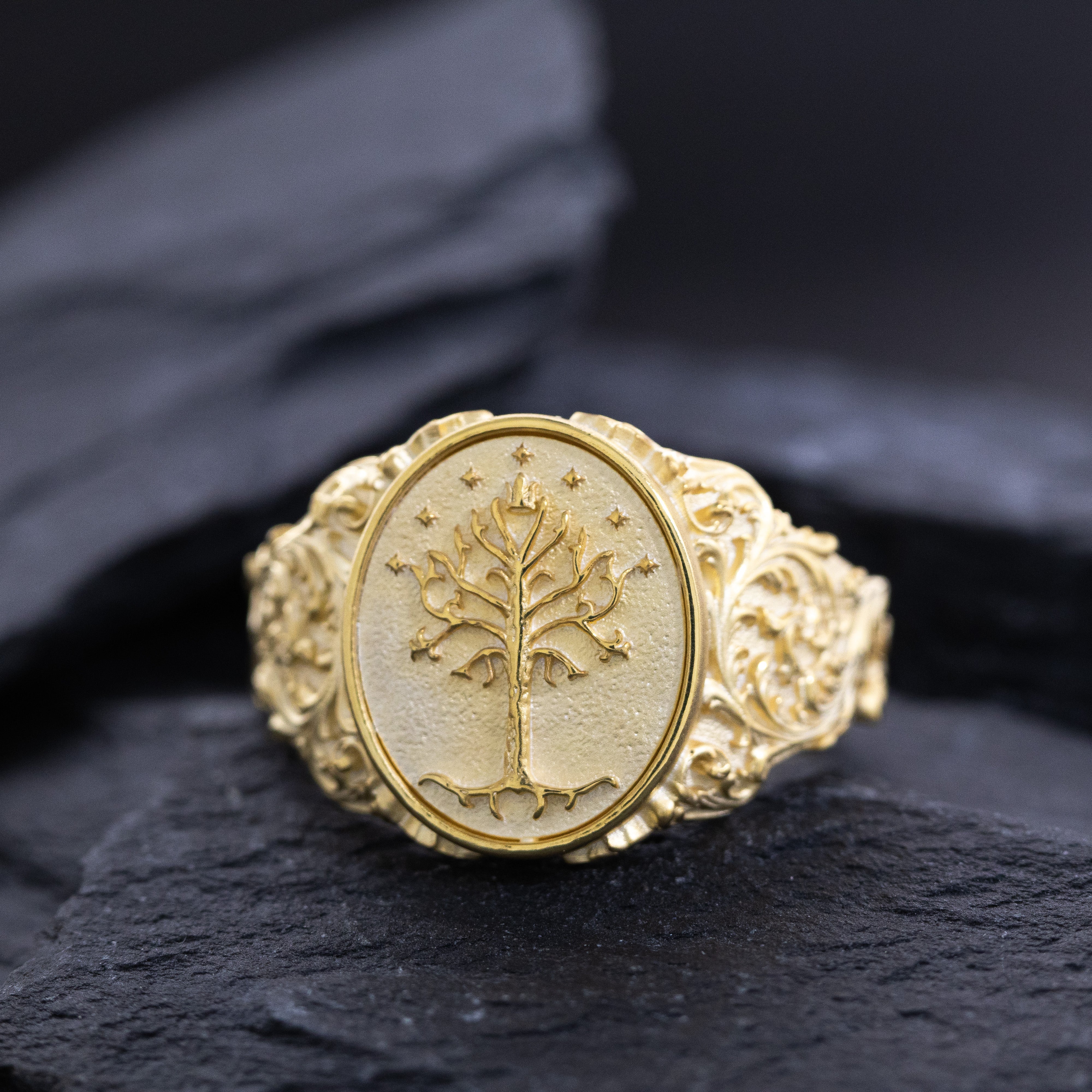 Elvish Signet Ring, 14k Solid Yellow Gold Ring with Floral Patterns