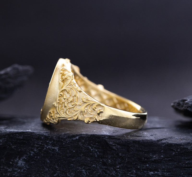 Elvish Signet Ring, 14k Solid Yellow Gold Ring with Floral Patterns