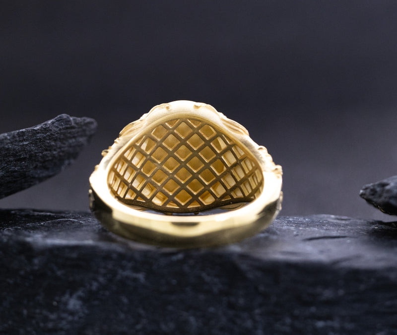 Elvish Signet Ring, 14k Solid Yellow Gold Ring with Floral Patterns
