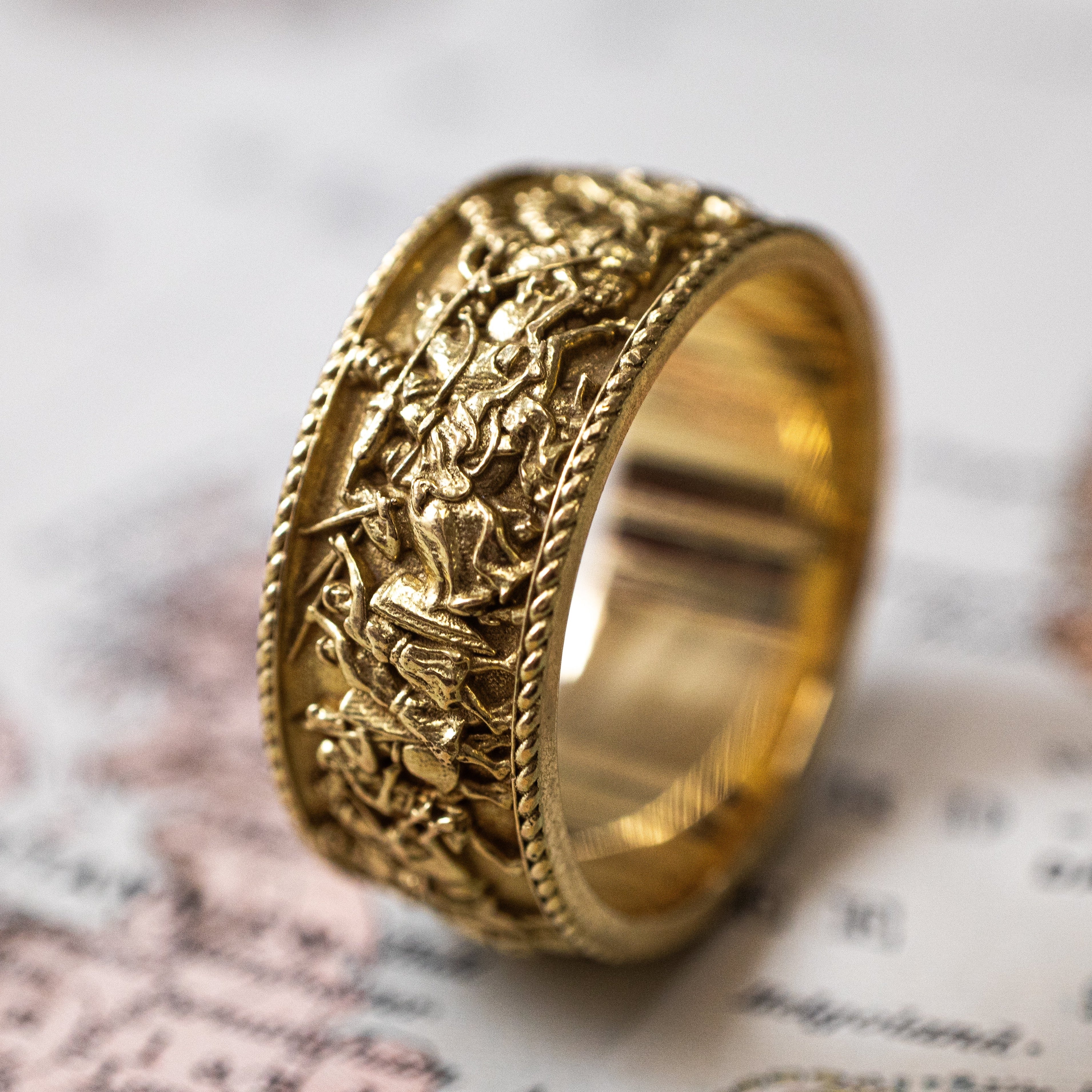 10mm Custom Made, Dome Shaped, Solid Yellow Gold Ring with Medieval Battlefield Depiction