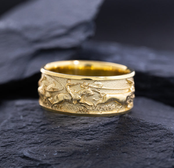 10mm Solid Yellow Gold Band with Western Cowboys and Bulls