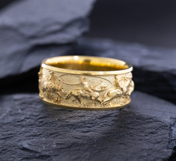 10mm Solid Yellow Gold Band with Western Cowboys and Bulls