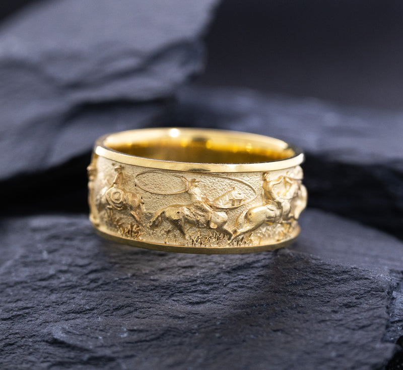 10mm Solid Yellow Gold Band with Western Cowboys and Bulls