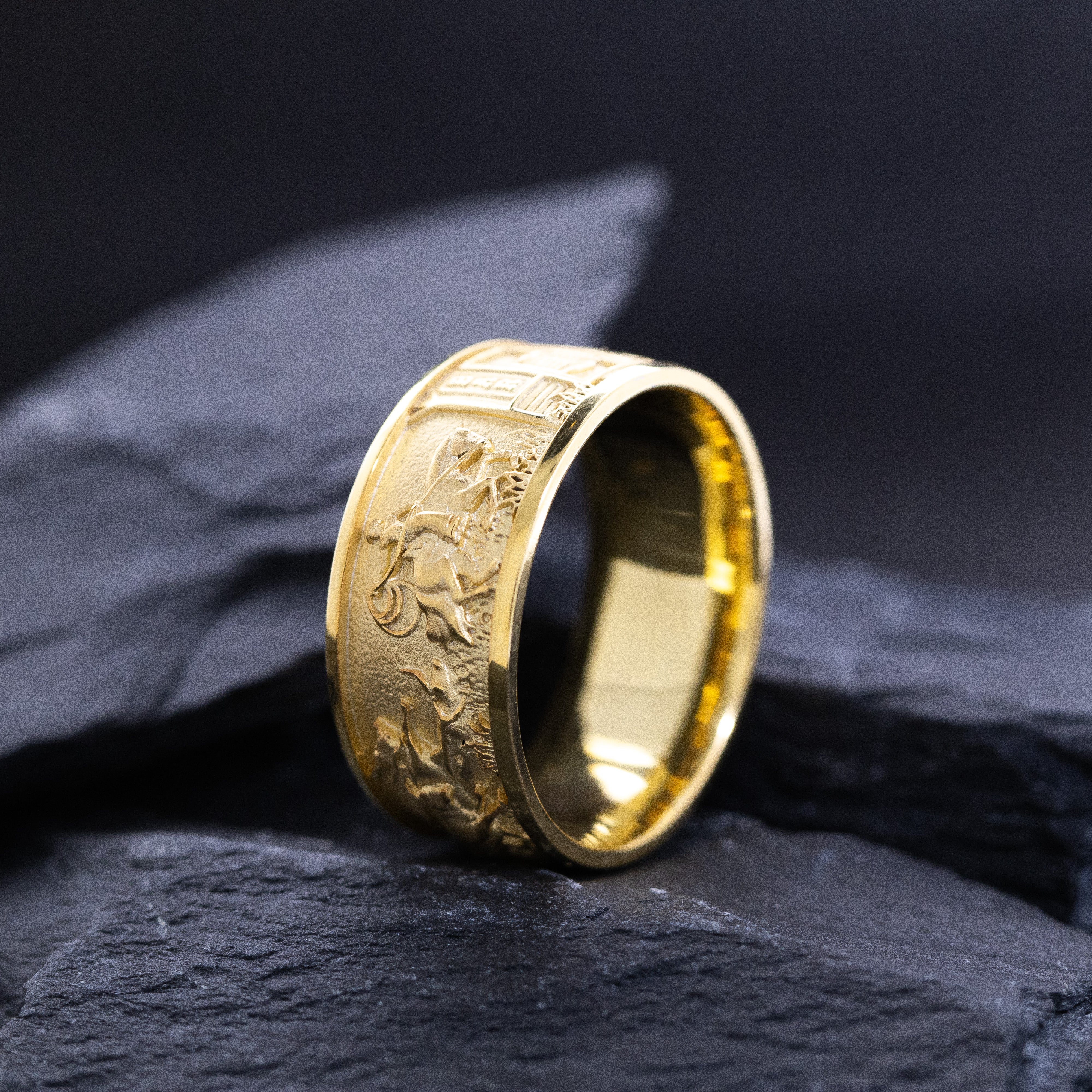 10mm Solid Yellow Gold Band with Western Cowboys and Bulls