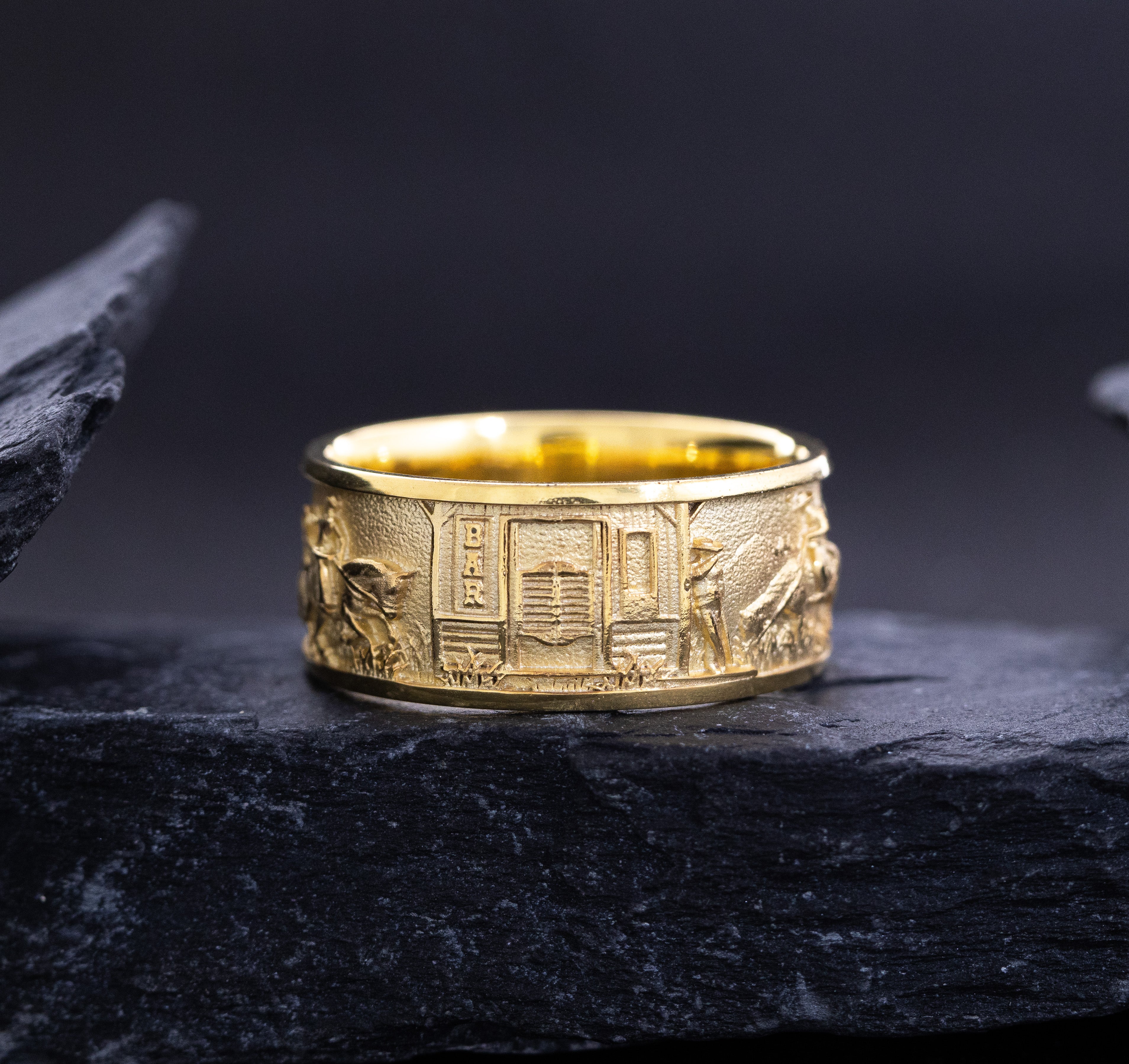 10mm Solid Yellow Gold Band with Western Cowboys and Bulls