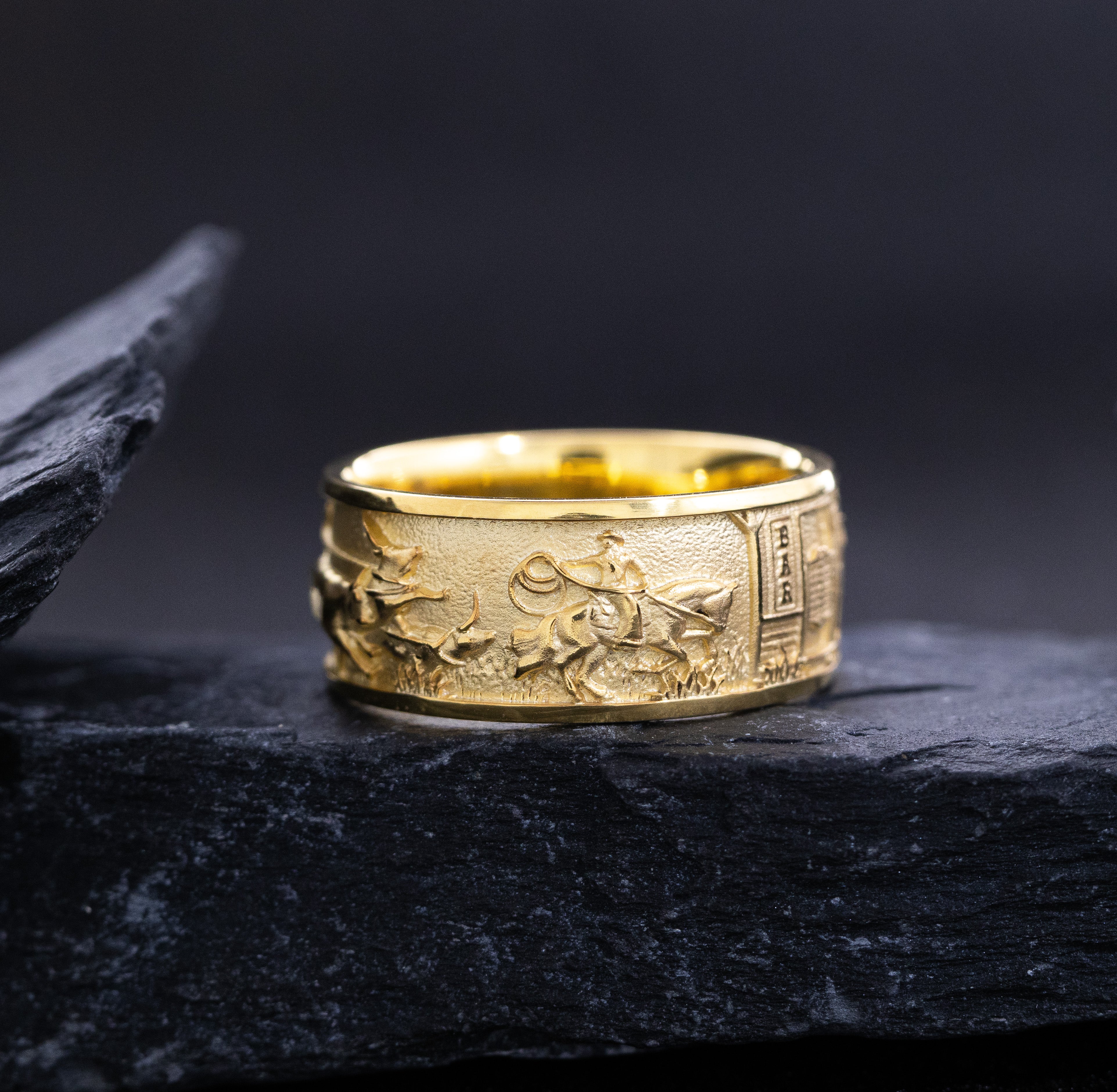 10mm Solid Yellow Gold Band with Western Cowboys and Bulls