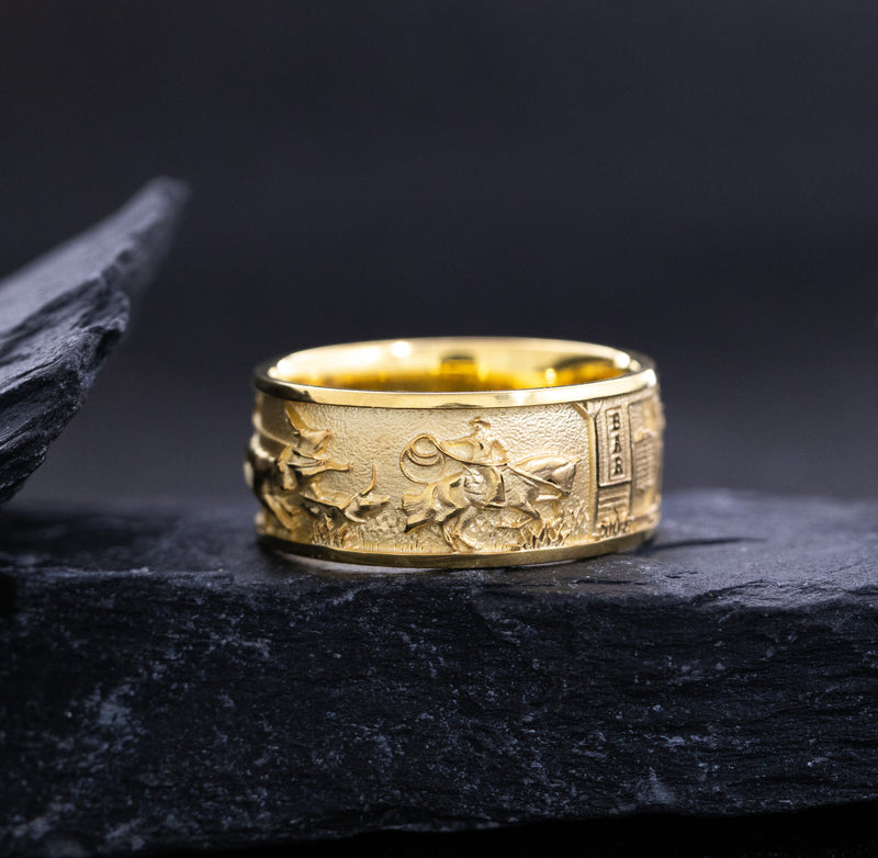 10mm Solid Yellow Gold Band with Western Cowboys and Bulls