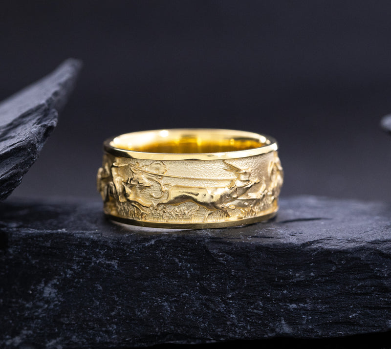 10mm Solid Yellow Gold Band with Western Cowboys and Bulls