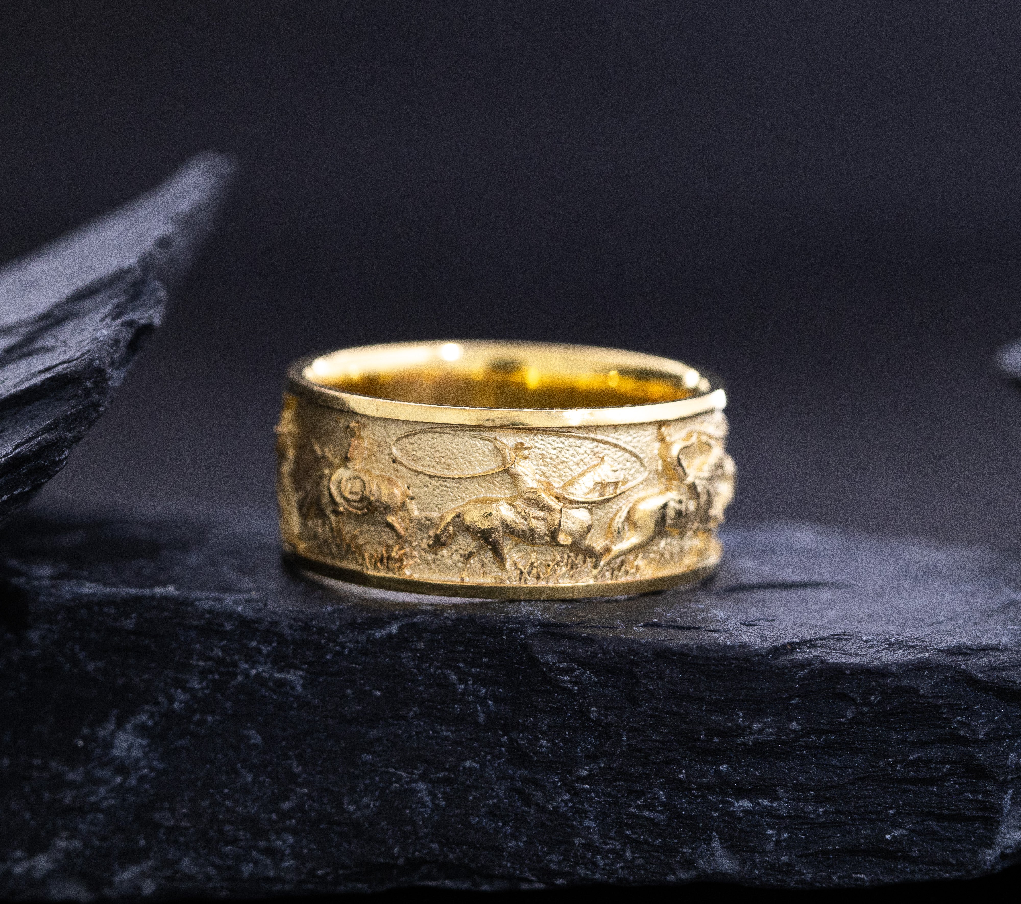 10mm Solid Yellow Gold Band with Western Cowboys and Bulls