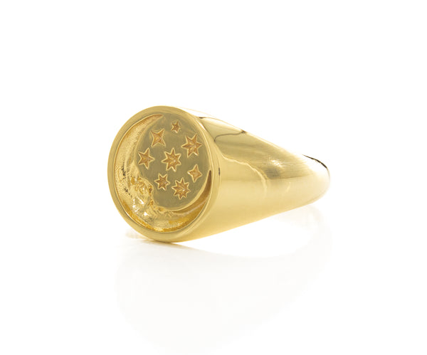 Moon Face and Stars Wax Seal Signet Ring, 14k Solid Yellow Gold Ring