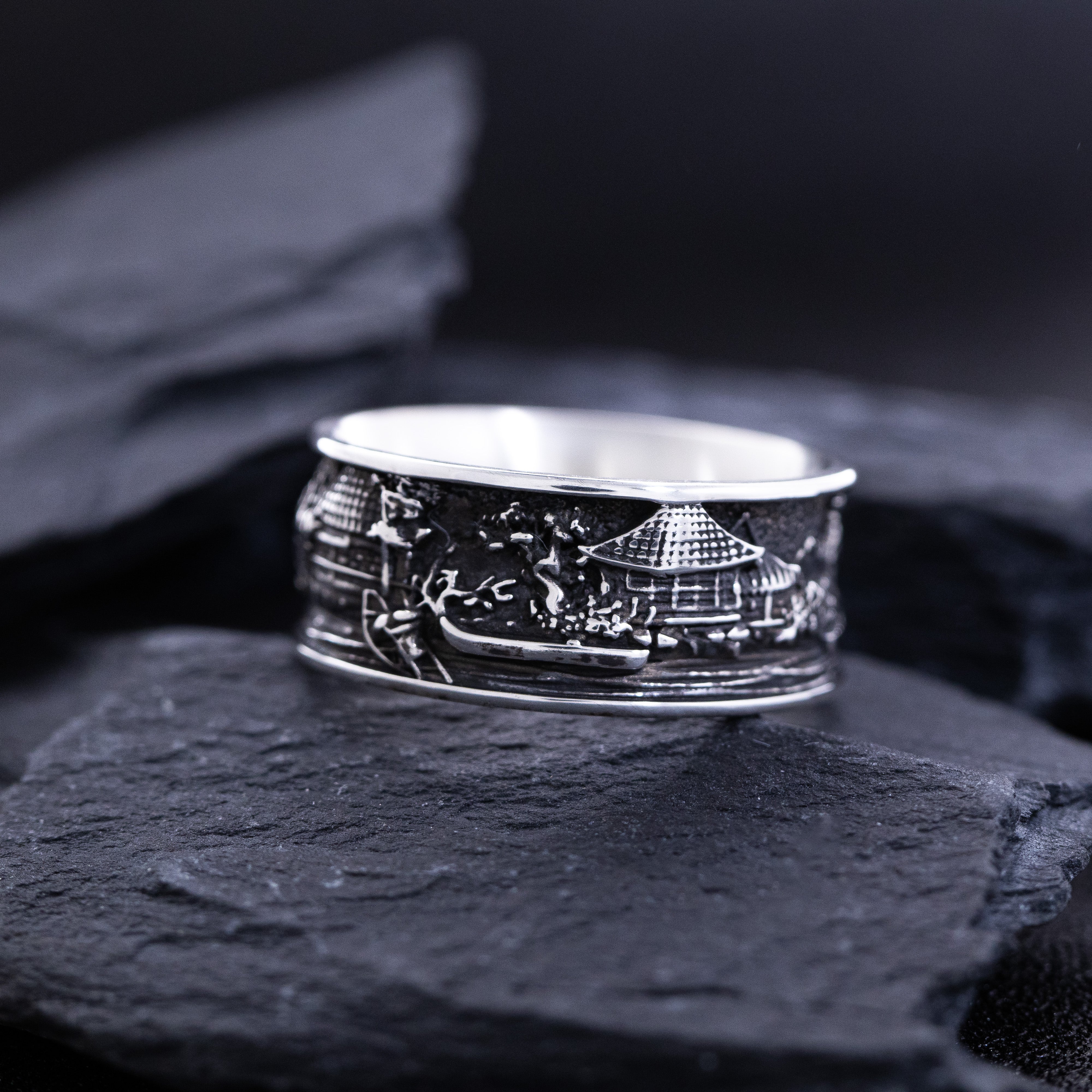 Sterling Silver Ring Inspired by Japanese Woodblock Artwork