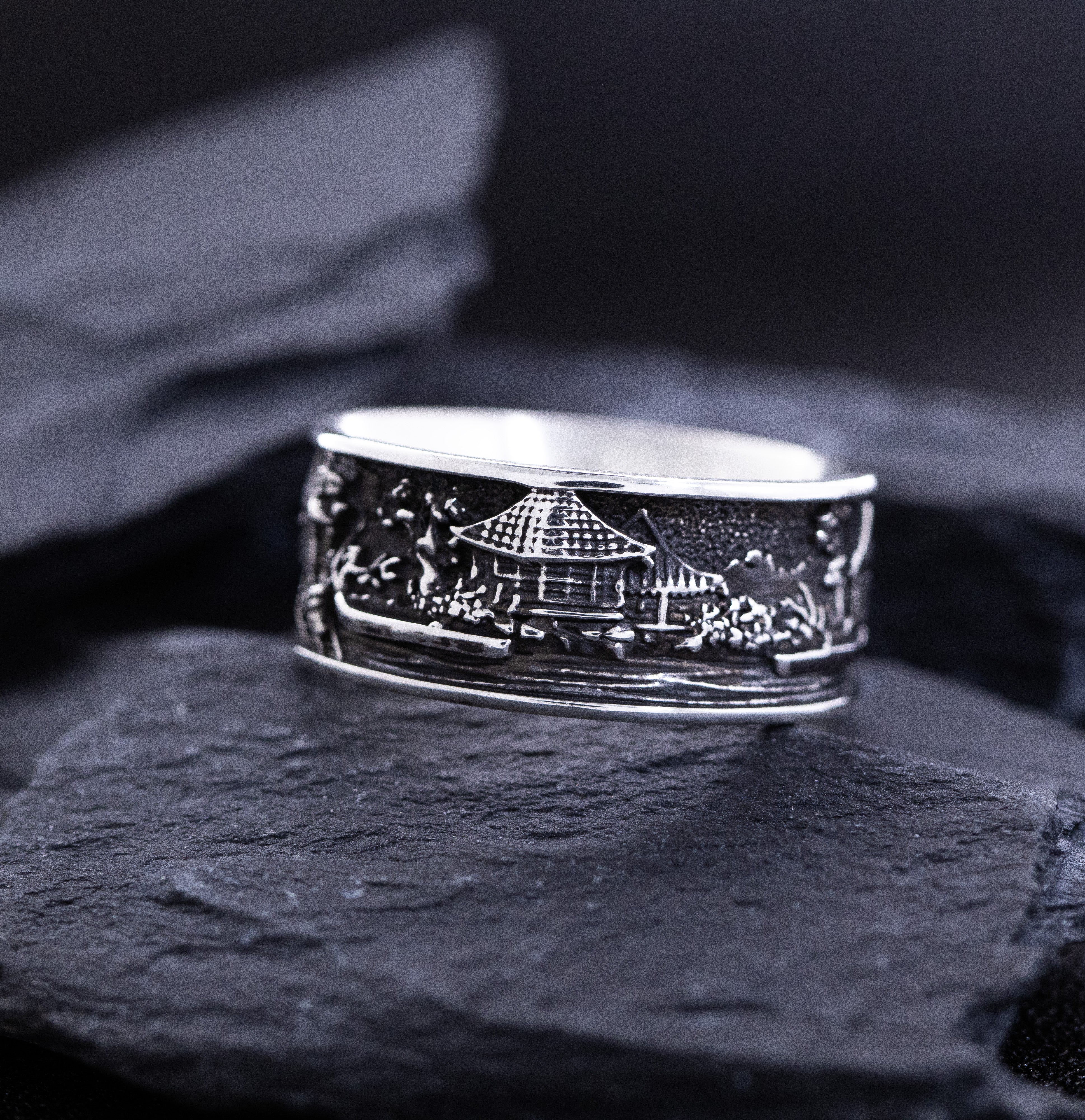 Sterling Silver Ring Inspired by Japanese Woodblock Artwork