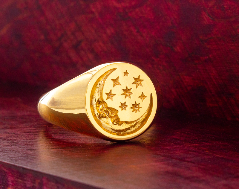 Moon Face and Stars Wax Seal Signet Ring, 14k Solid Yellow Gold Ring