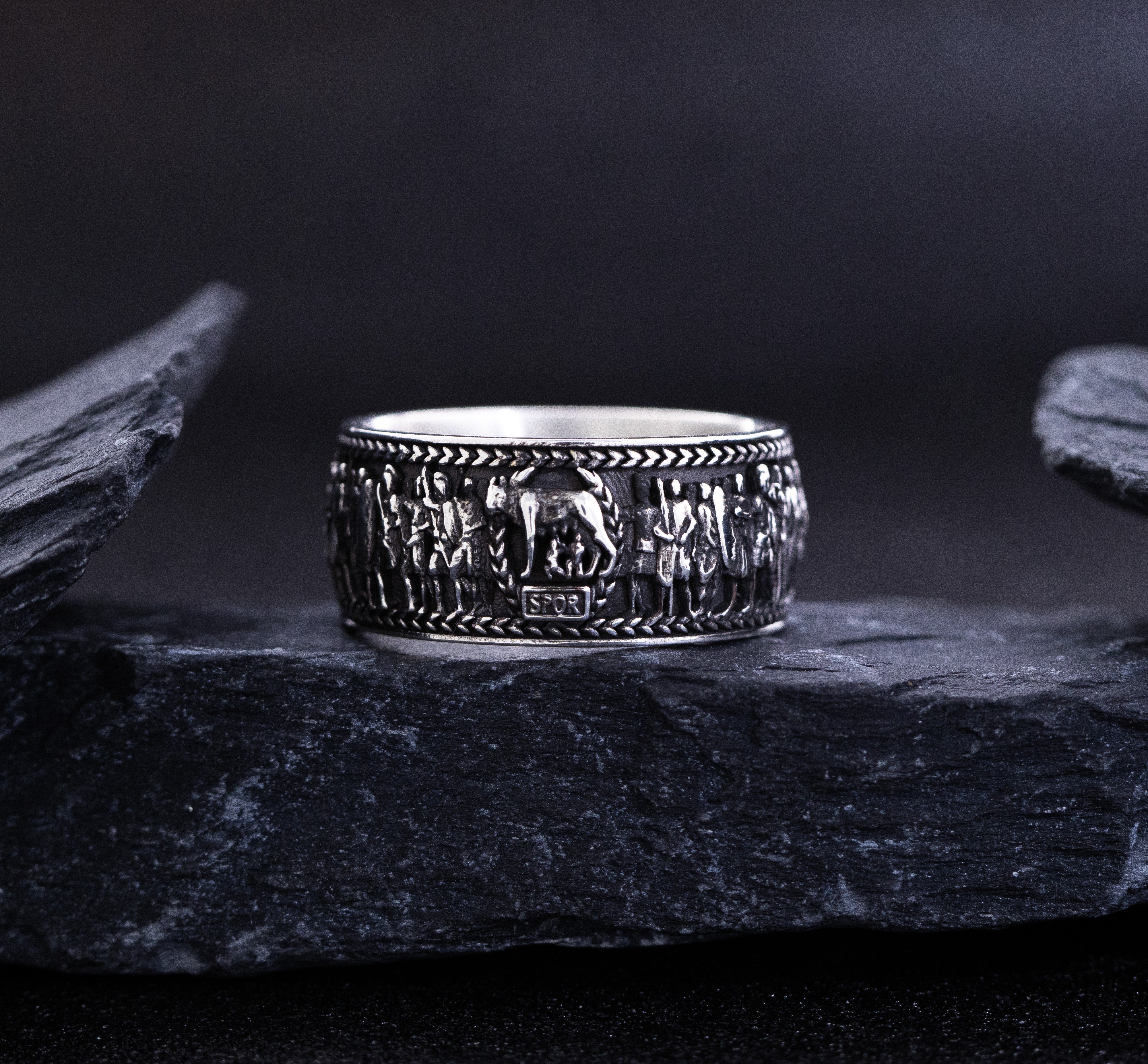 Roman Sterling Silver Ring with Emperor Caracalla's Relief and Capitoline Wolf