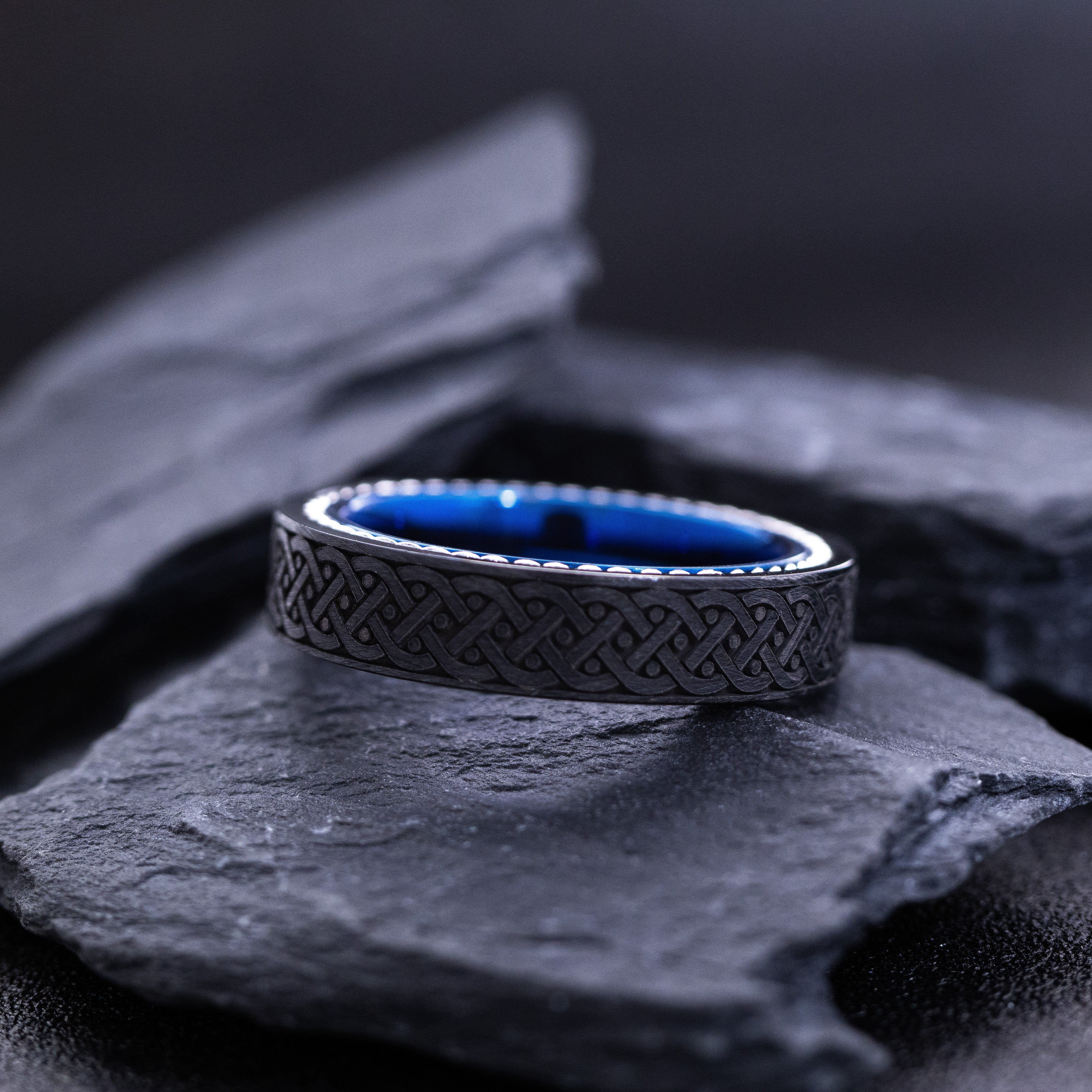 Blue Tungsten Carbide 6mm Wedding Ring with Celtic Braided Knot