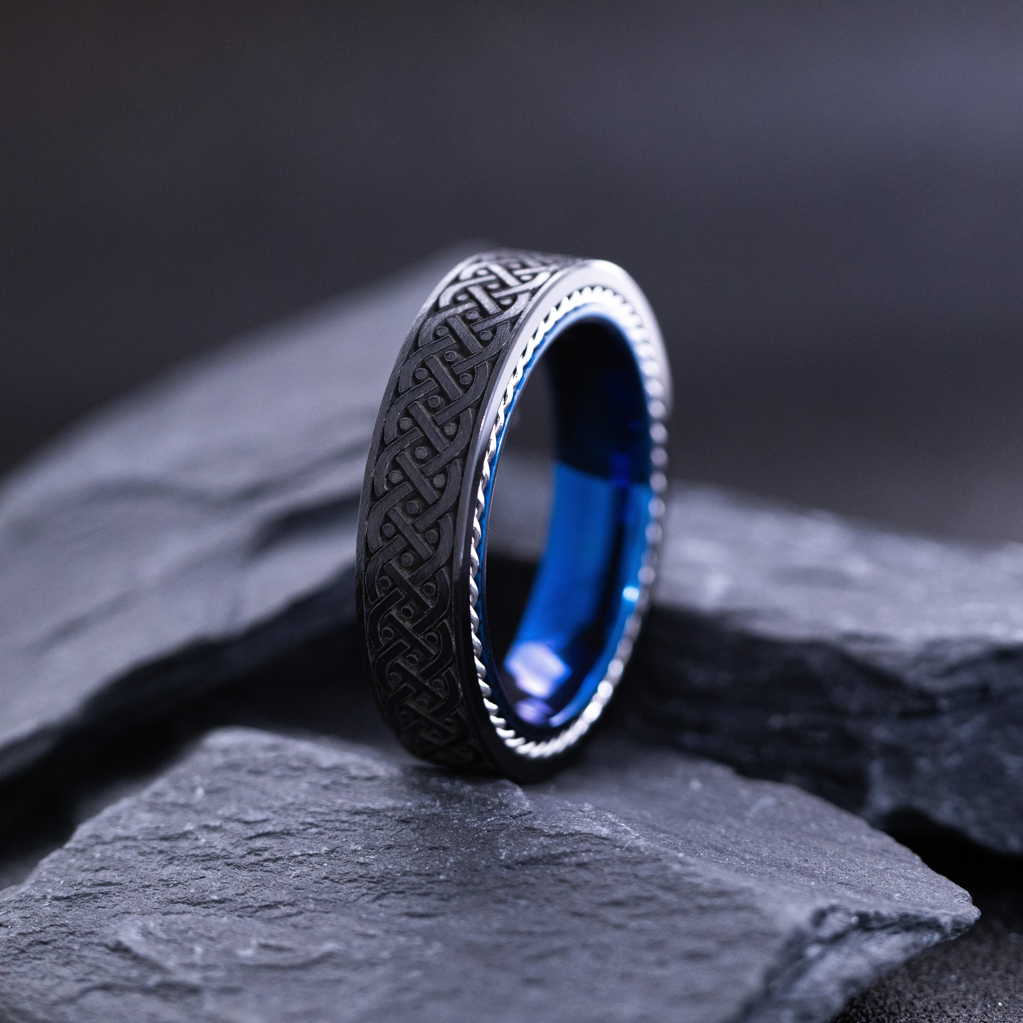 Blue Tungsten Carbide 6mm Wedding Ring with Celtic Braided Knot