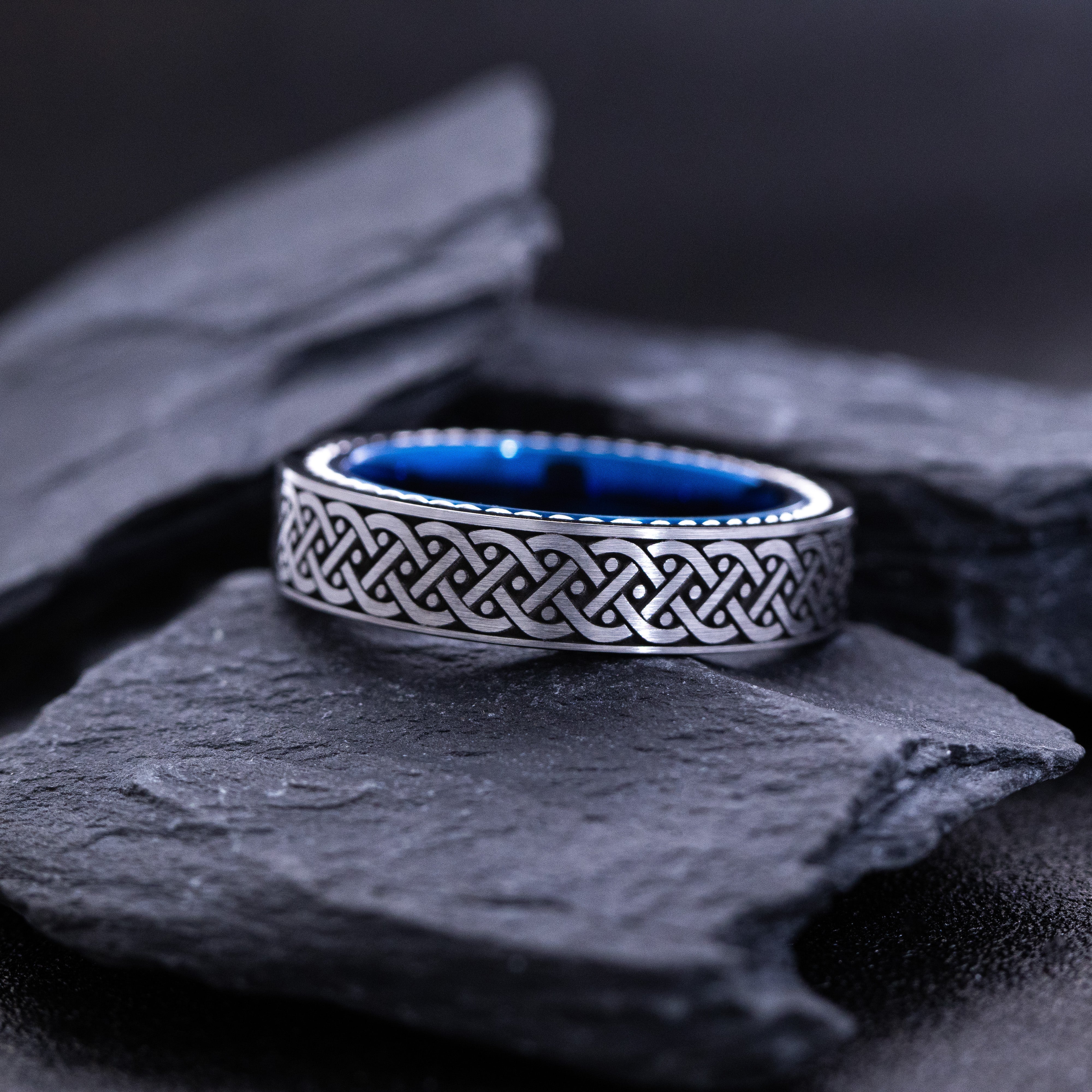 Blue and Silver Tungsten Carbide 6mm Engagement Ring with Celtic Braided Knot