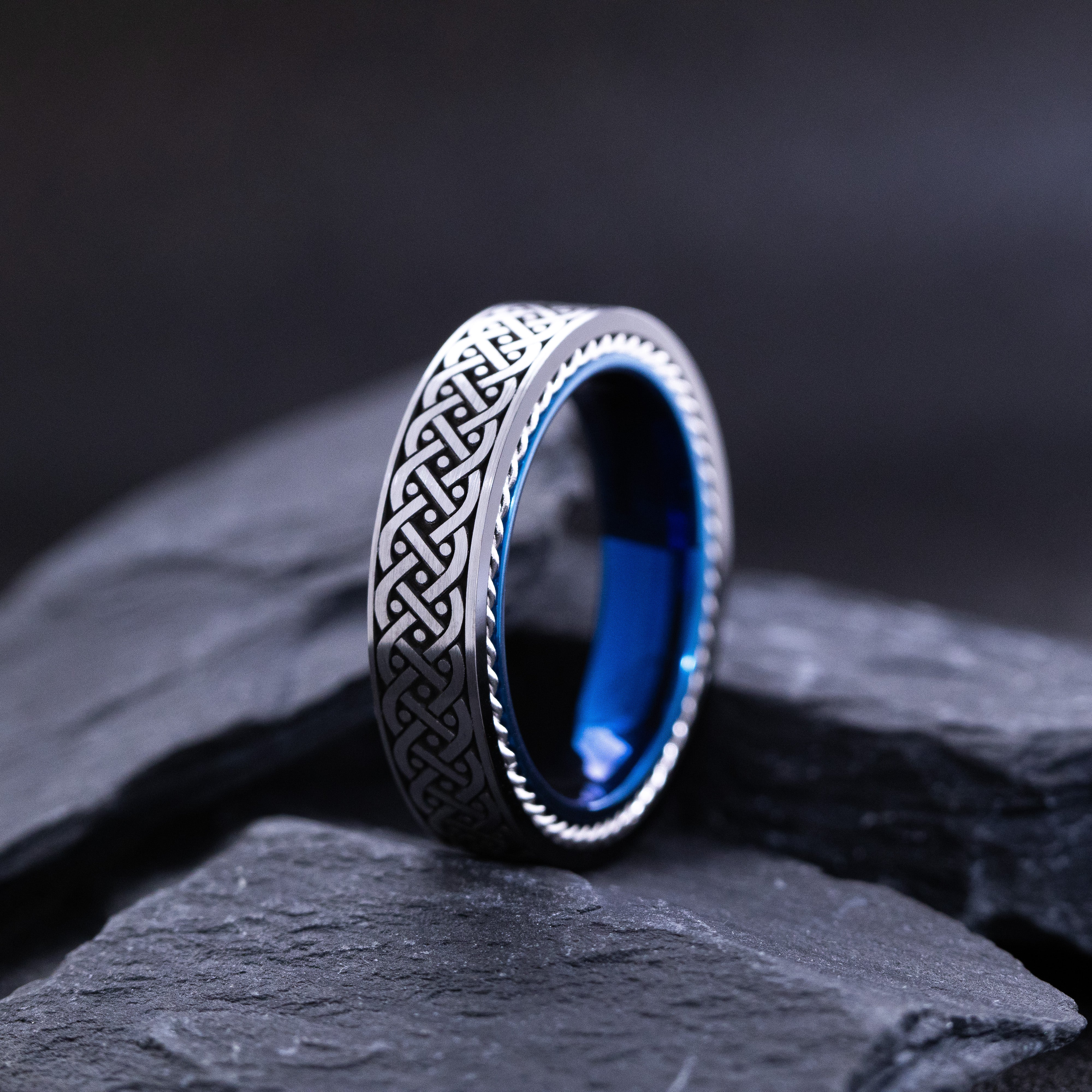 Blue and Silver Tungsten Carbide 6mm Engagement Ring with Celtic Braided Knot